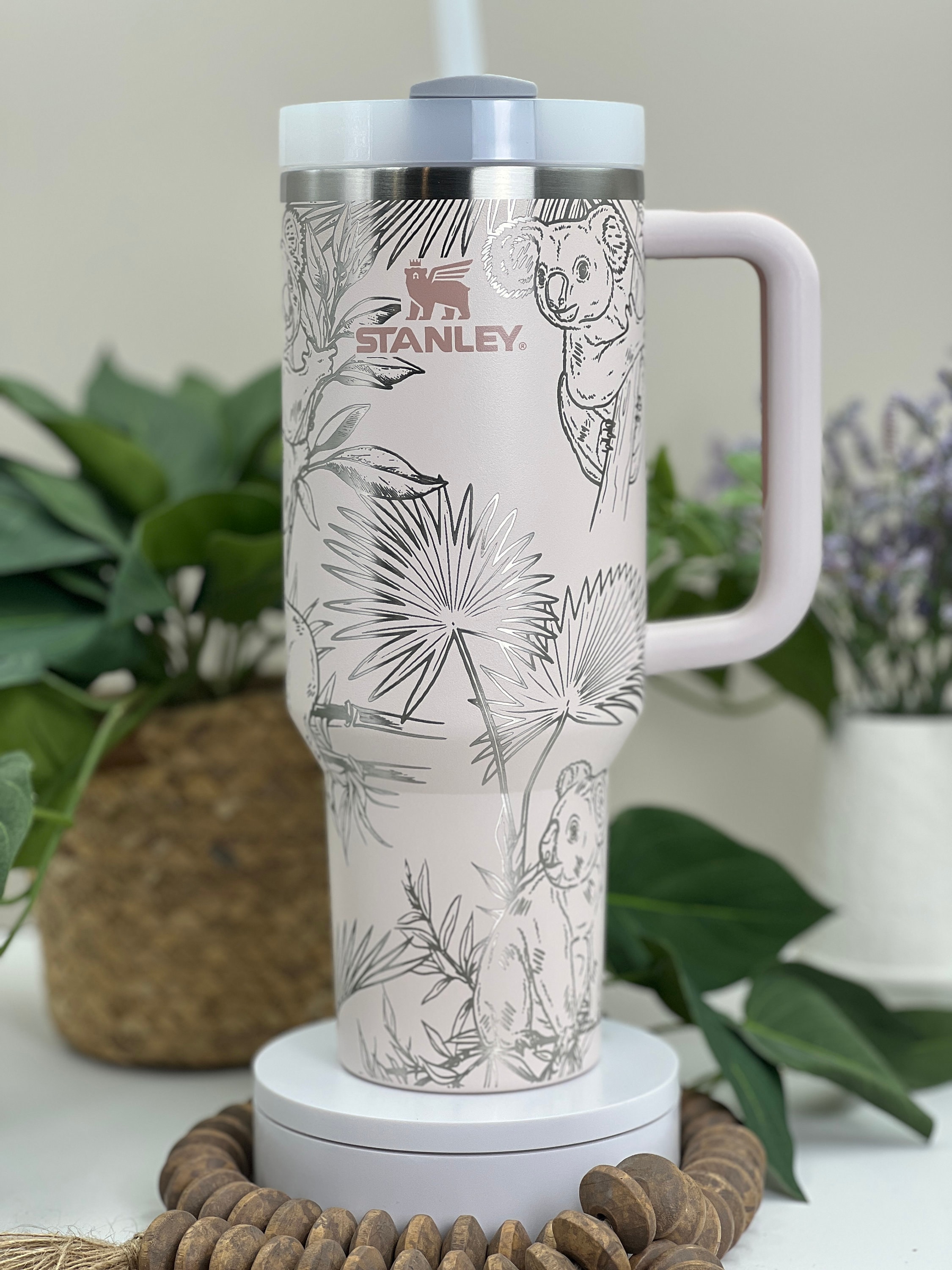 Koalas Laser Engraved 40oz Tumbler with Handle Lid and Straw, Custom Engraved Seamless Tumbler, Double Wall Insulated Cup