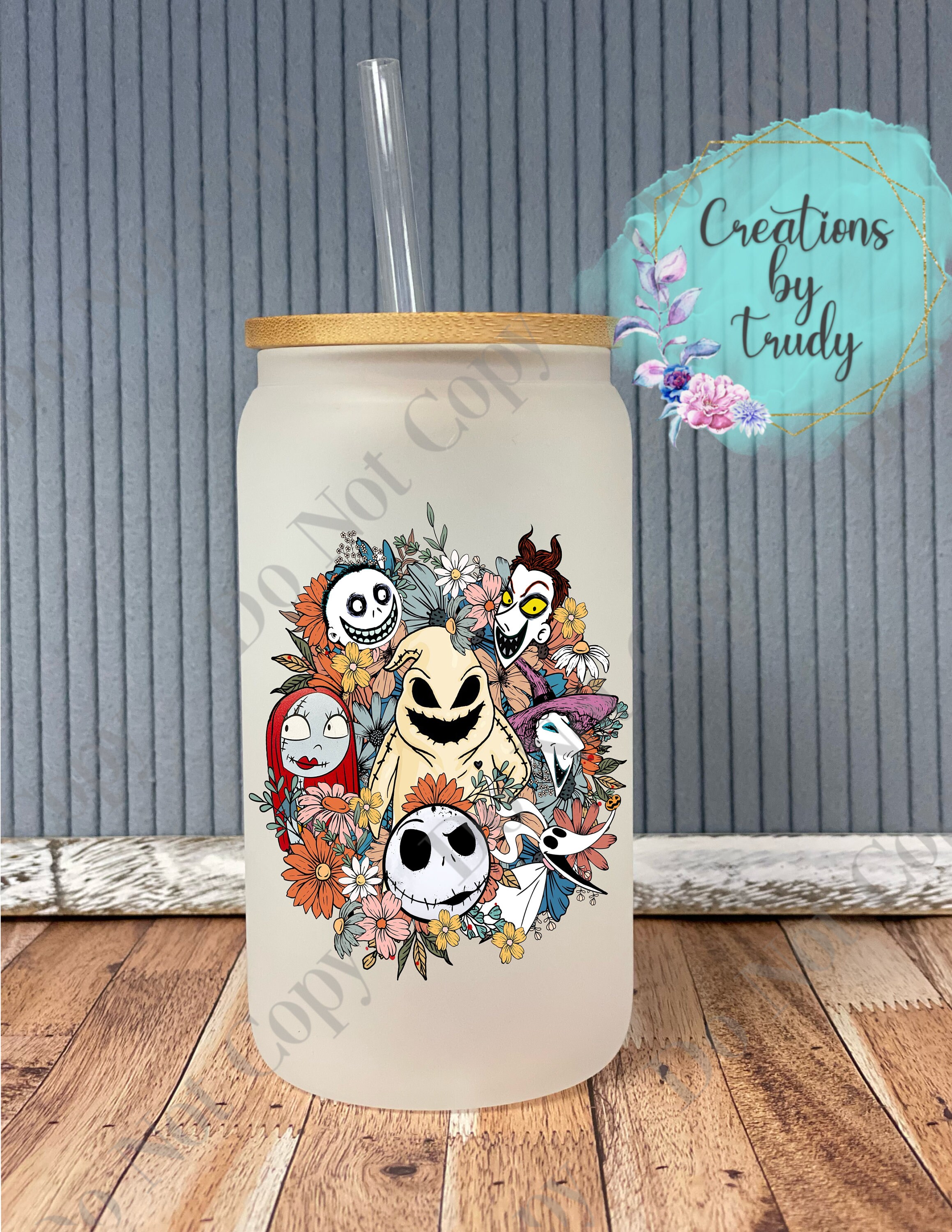 Floral NBC characters- frosted can shaped glass with lid and straw