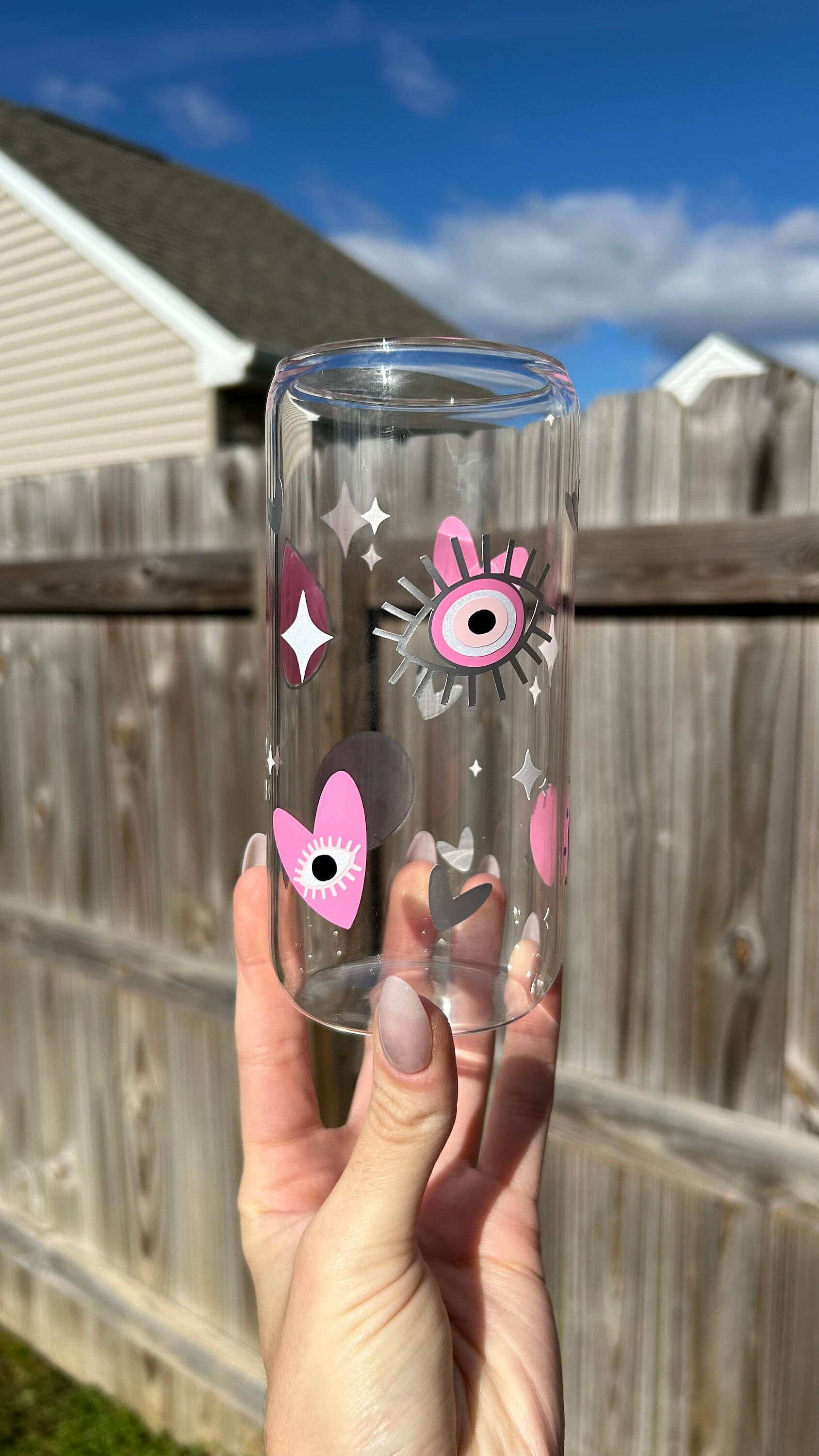 Evil Eye Cup | Evil Eye Glass Coffee Cup | Pink Cup | Glass Can | Iced Coffee Cup | Iced Coffee Glass | Pink Evil Eye | Turkish Eye | 16 oz