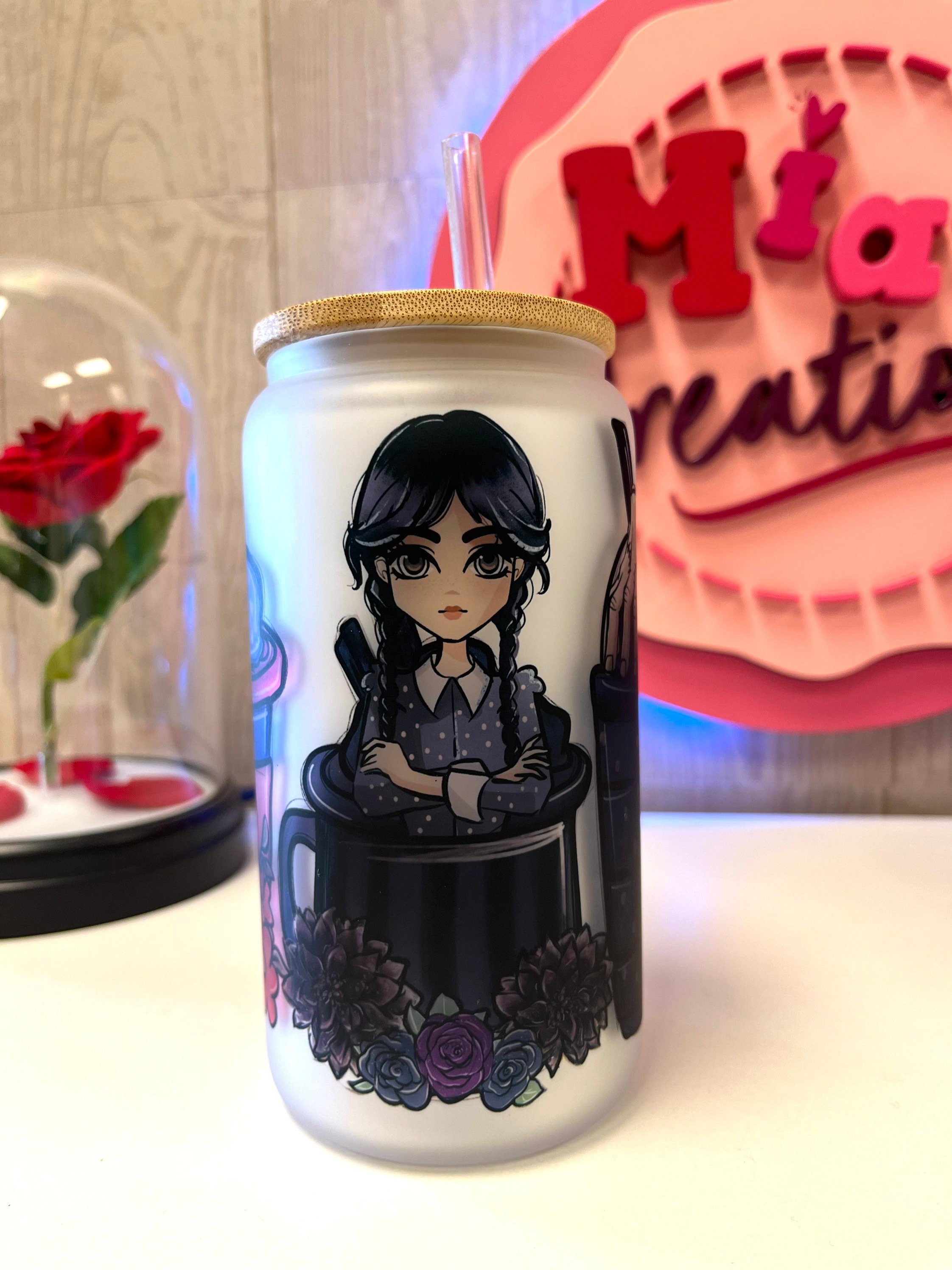 Wednesday Addams frosted glass can, Wednesday glass can