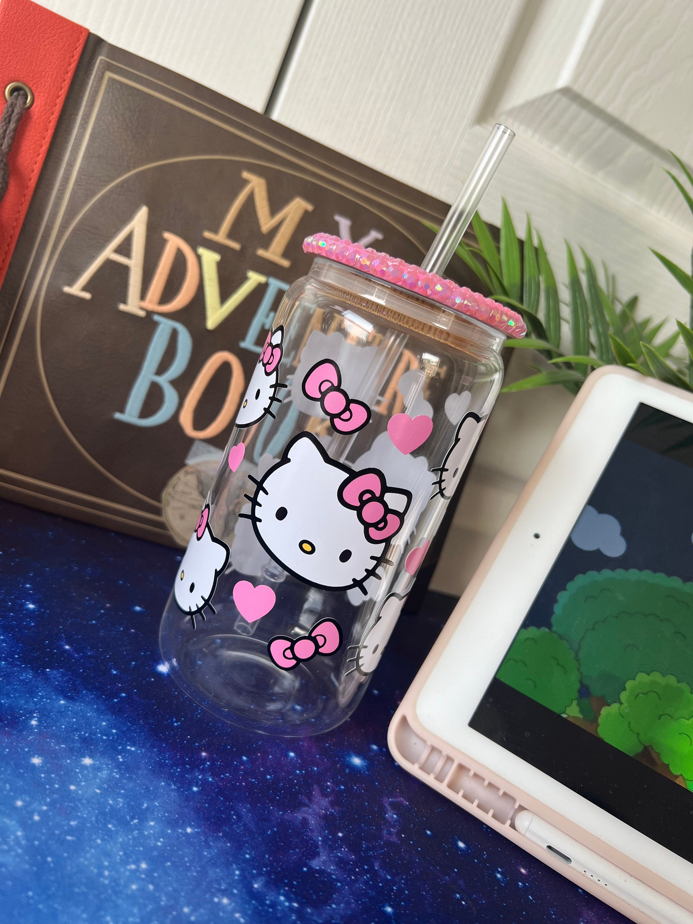 Kawaii Kitty Pink Aesthetic Beer Can Glass Cup with Rhinestone Lid, Cute Hello K Cups, Pink Cups, Custom Glass Cups, Aesthetic Coffee Glass