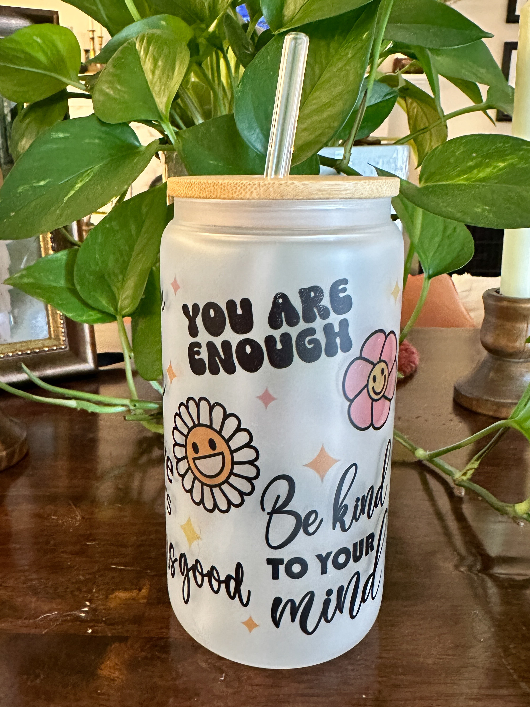 Self Love Can Glass, Iced Coffee Drink, 16 oz Frosted Can Glass, Inspirational Quotes, Positive Mental Health, Daily Reminders Affirmation