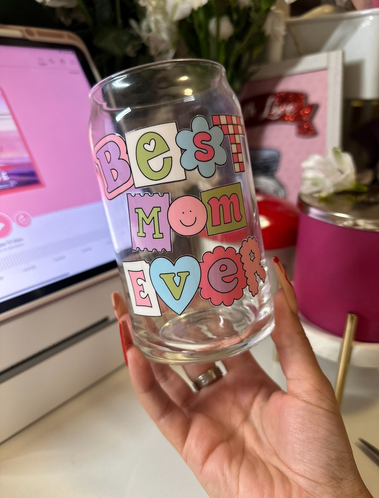 Best Mom Ever Cup | Cute Cup | Glass Cup | Coffee Glass | Iced Coffee Glass | Glass Can | Cute Cup | Trendy Glass Cup