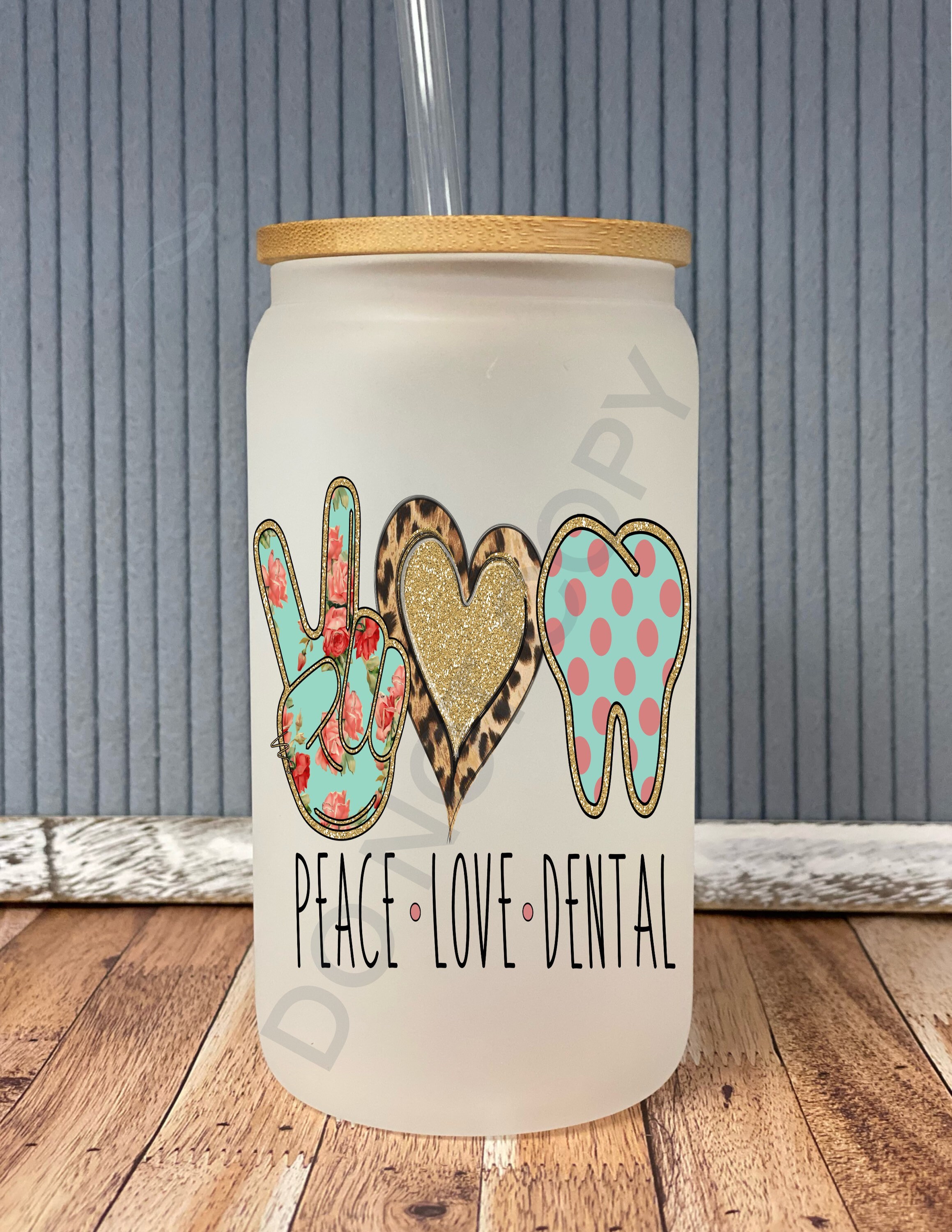 Peace love dental- frosted can shaped glass with lid and straw