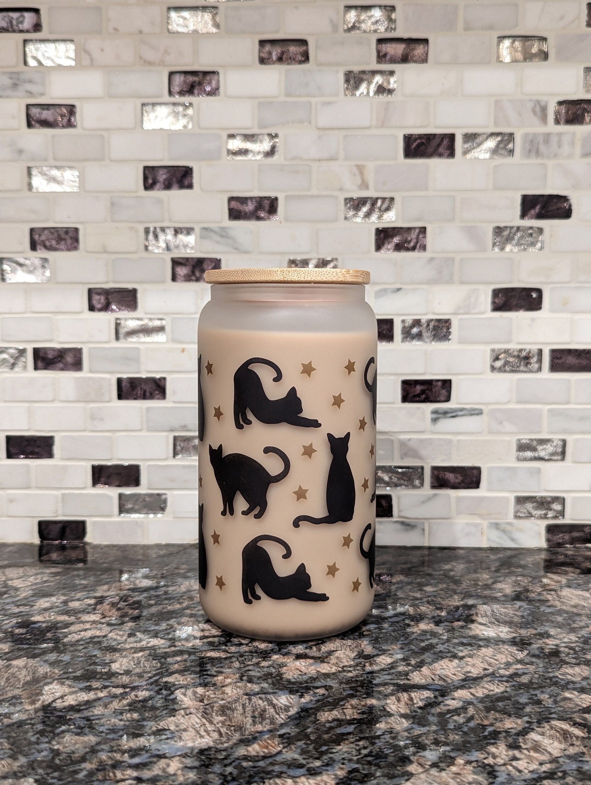 Frosted Glass Can | Iced Coffee Cup | Black Cat Cup