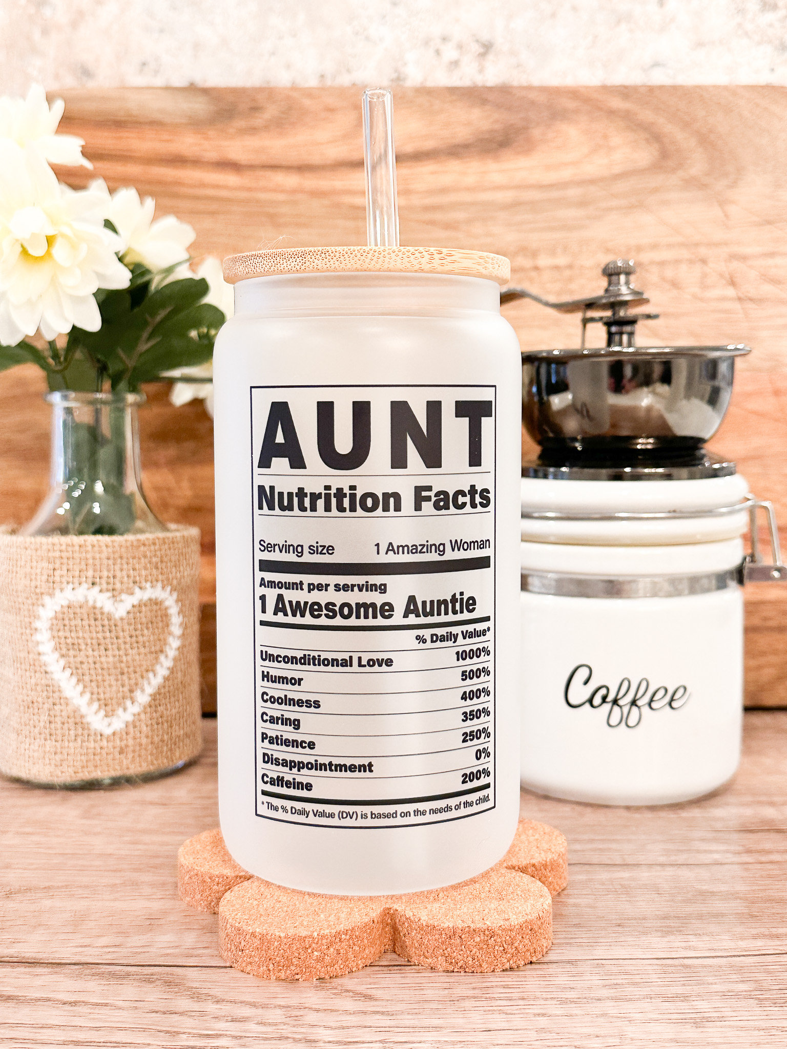 Aunt Nutrition Fun Facts Iced Coffee Cup, Auntie Gift, Reusable Can Glass, w/Lid & Straw for Sister, 16 oz Frosted or Clear Glass Cup