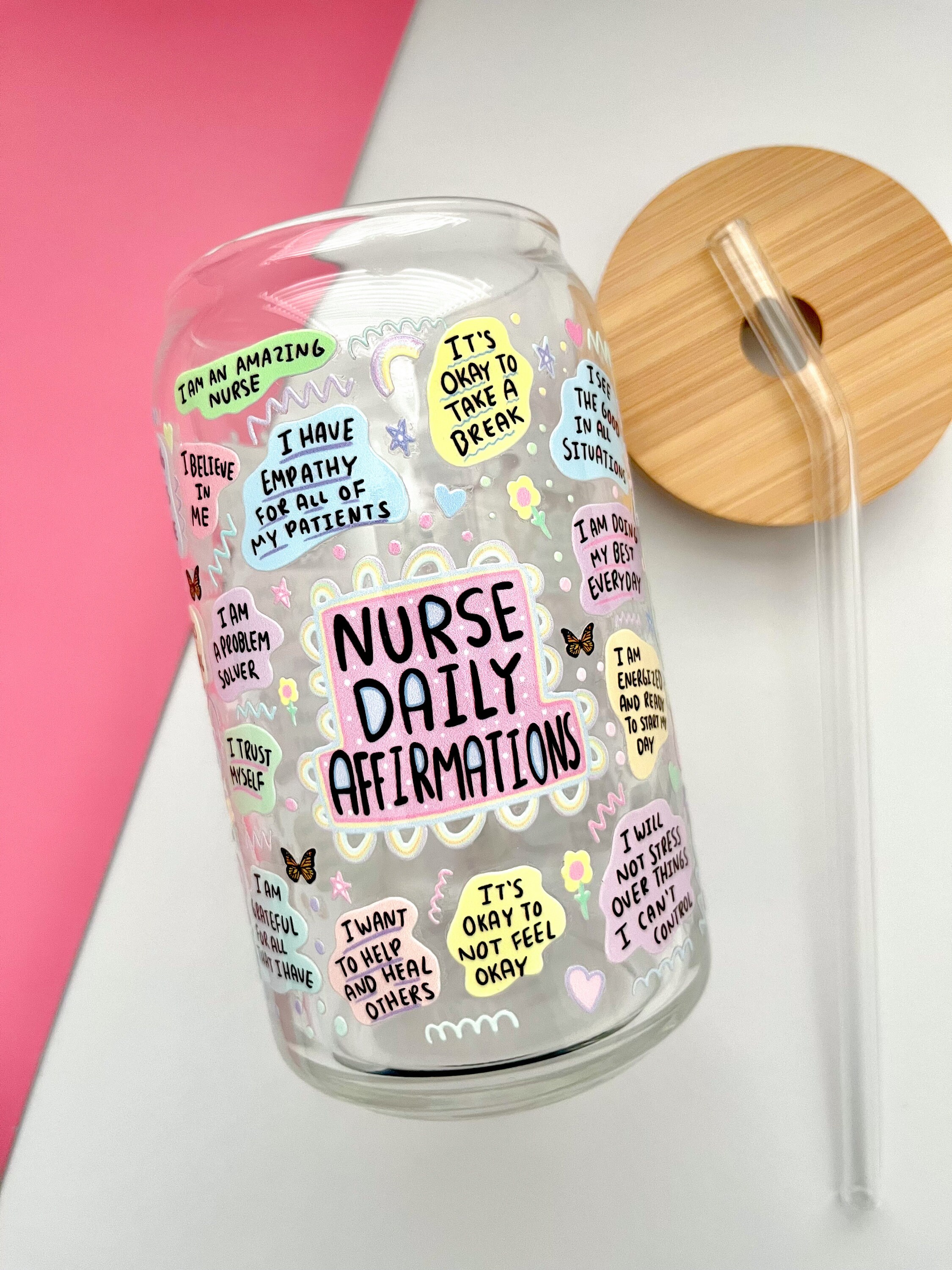 Nurse Daily Affirmations Glass Cup / Registered Nurse Glass Cup / Iced Coffee Glass / Nurse Gifts / RN Gifts / Affirmations Glass Cup