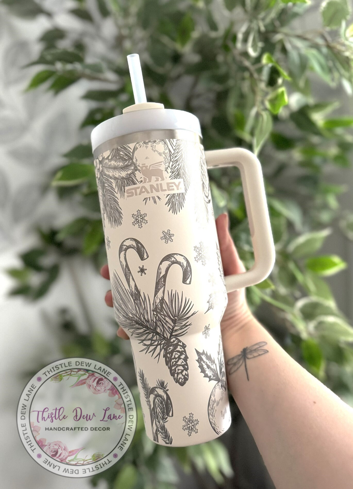 40oz tumbler, 30oz tumbler, Christmas Stanley, Winter tumbler, laser engraved 40-ounce Stanley, Candy Cane cup, Holiday floral tumbler