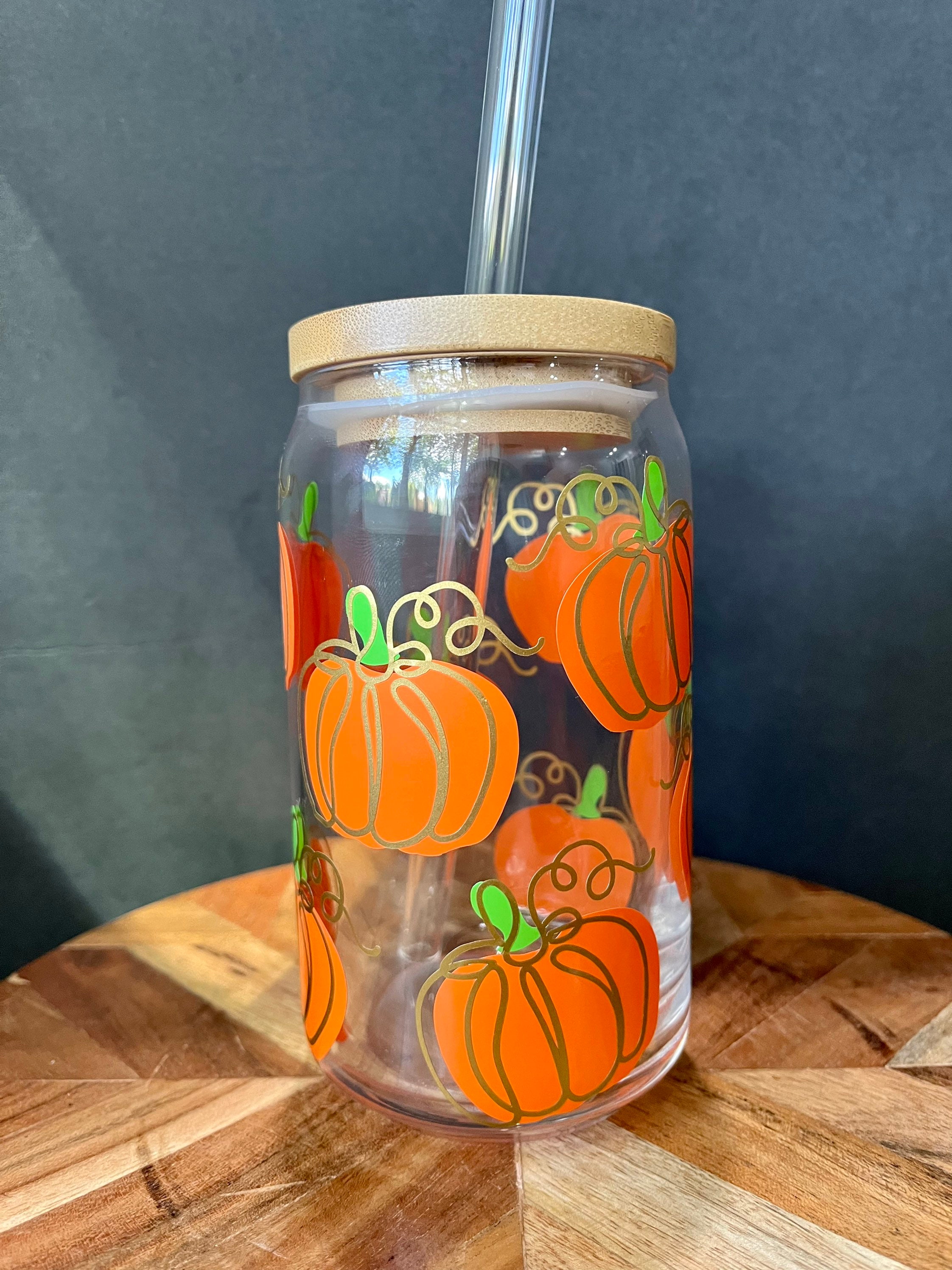 Pumpkin Glass cup | fall glass | iced coffee glass | glass with lid |  Halloween can glass | gifts for her | pumpkin spice