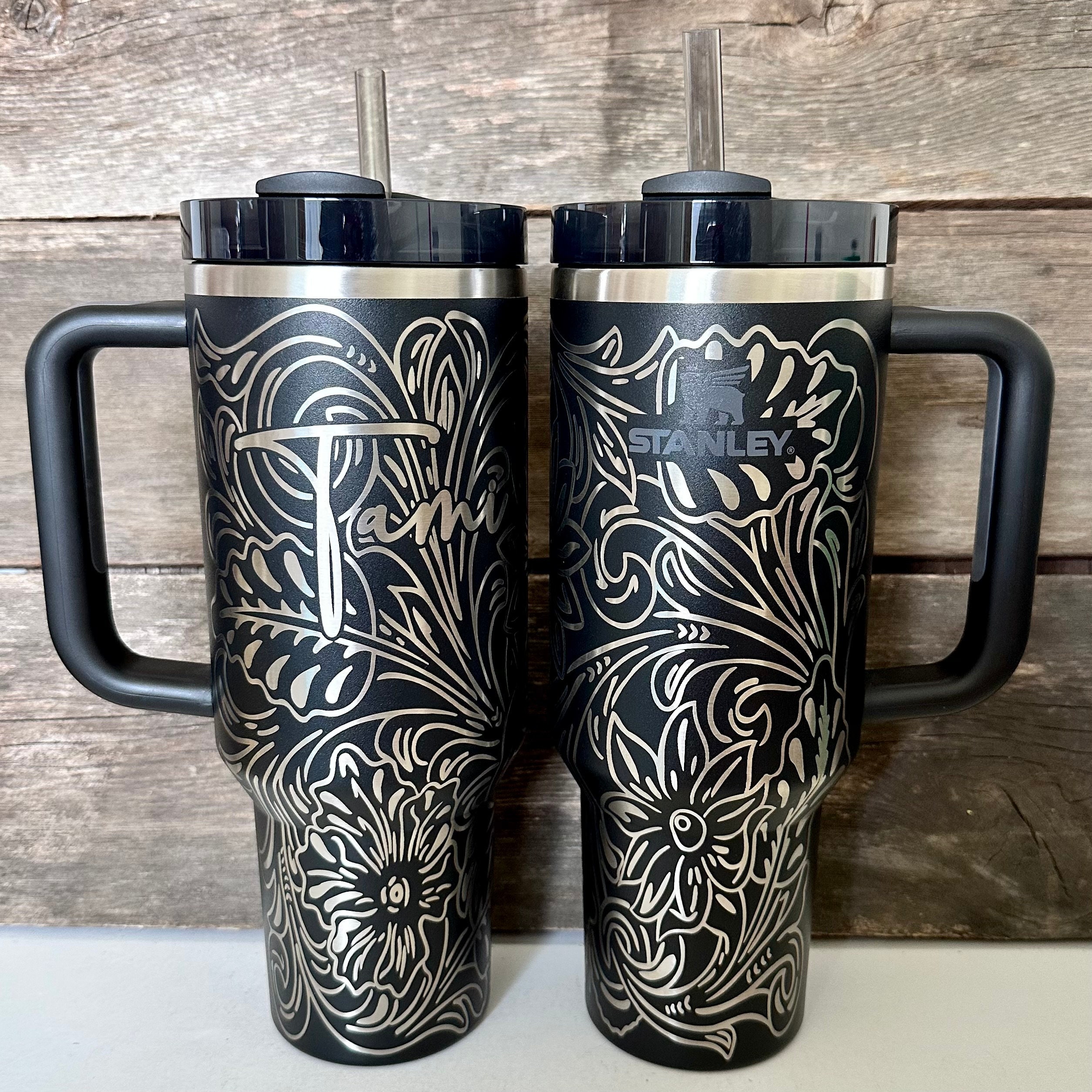 Engraved Tumbler, 40oz with handle, western cup, tooled leather tumbler, personalized coffee gift, custom water bottle, southwest decor