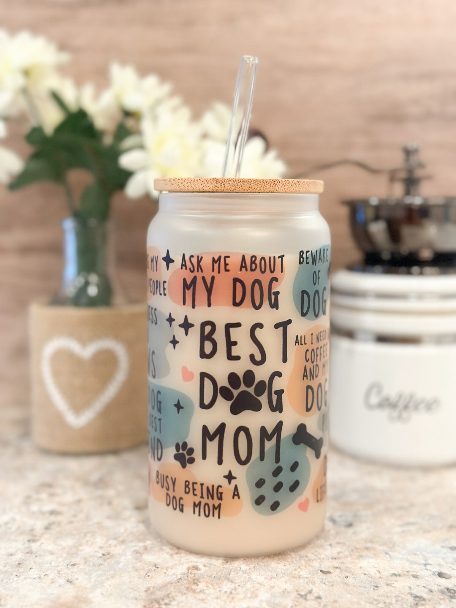 Best Dog Mom Frosted Can Glass, Iced Coffee Cup with Lid & Straw, Fur Mom, Gift for Pet Lovers, Dog Lover Gift, Pet Mom Gift, Gift for Her