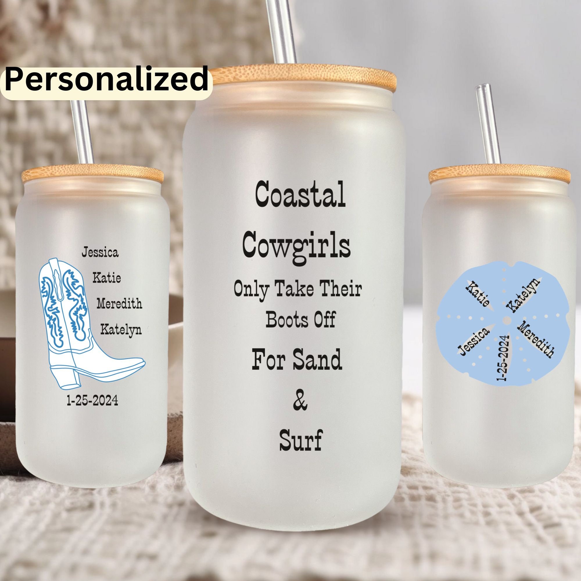 Girl’s Trip Coastal Cowgirl Glass Tumbler, Cowgirl Coffee Cup, Personalized Iced Coffee Cup,