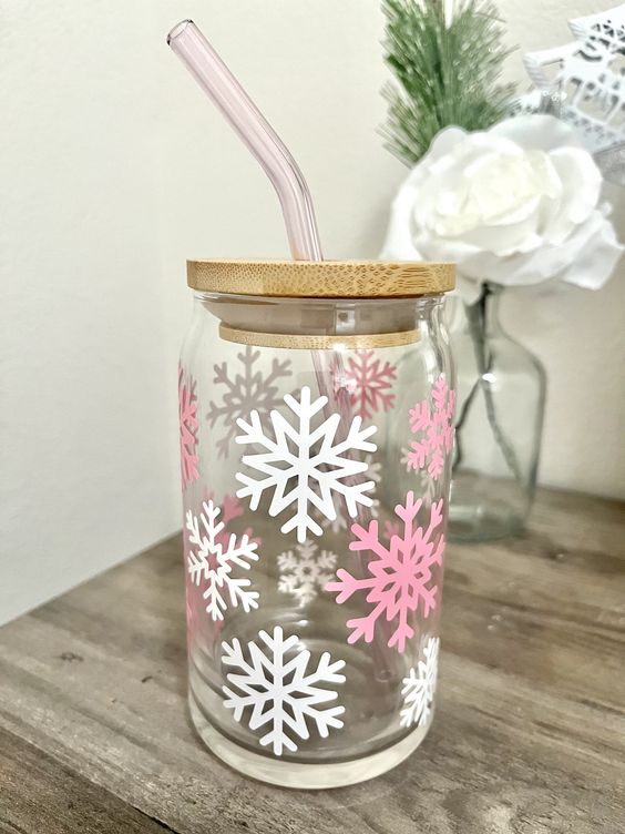 Snowflake Glass Cup, Holiday Cup, Christmas Glass Cup, Iced Coffee Glass, Christmas Gift, Winter Wonderland, Pink Snowflake Cup