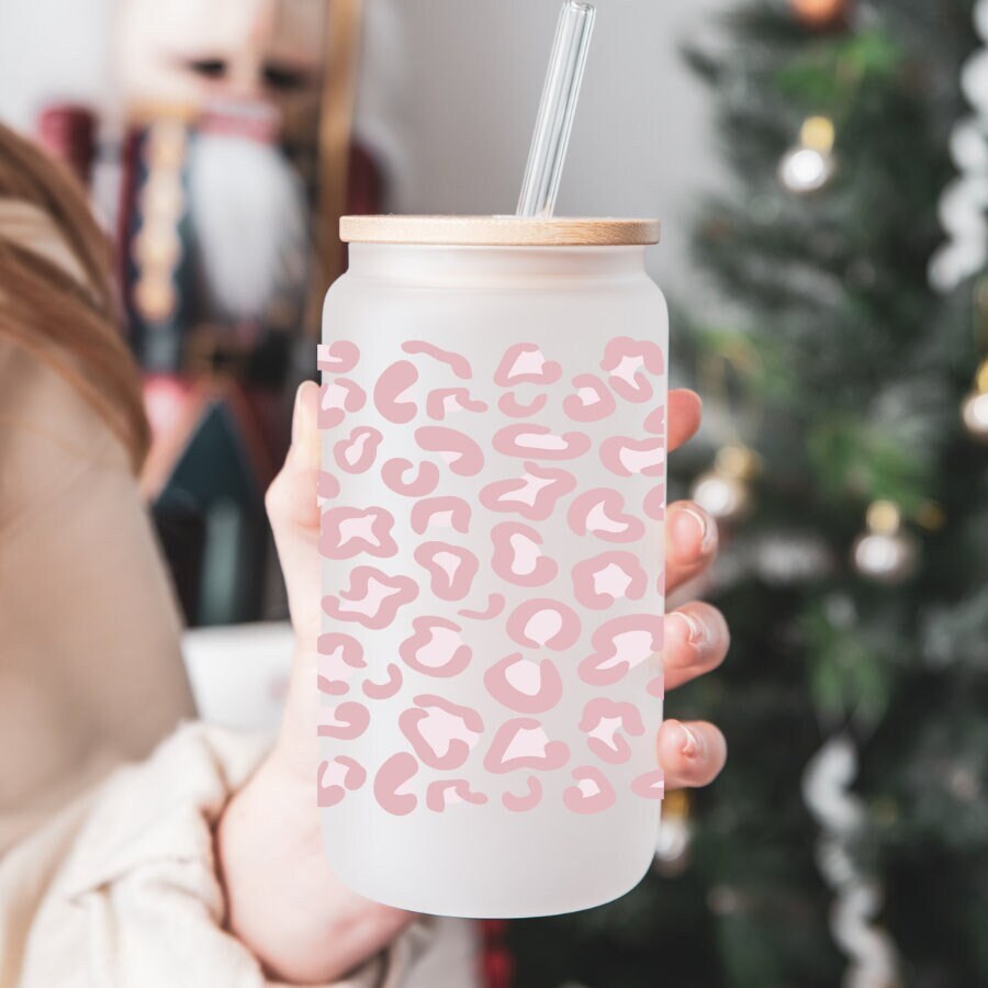 Pink Leopard Print Beer Can Glass | Iced Coffee Glass | Leopard Print Coffee Cup | Gift for Mom | Beer Glass Cup | Gift for Her | Vday Mug