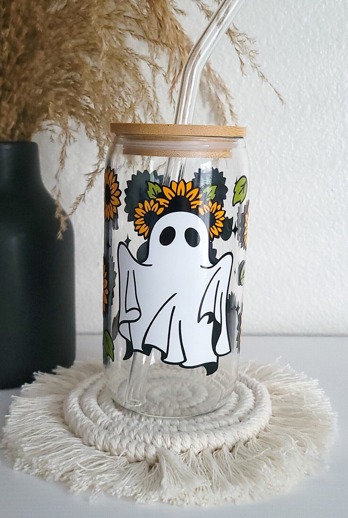 Halloween Iced Coffee Glass Cup Spooky Season Beer Can Glass Halloween Glass Tumbler Ghost Sunflower Glass Coffee Cup With Lid And Straw