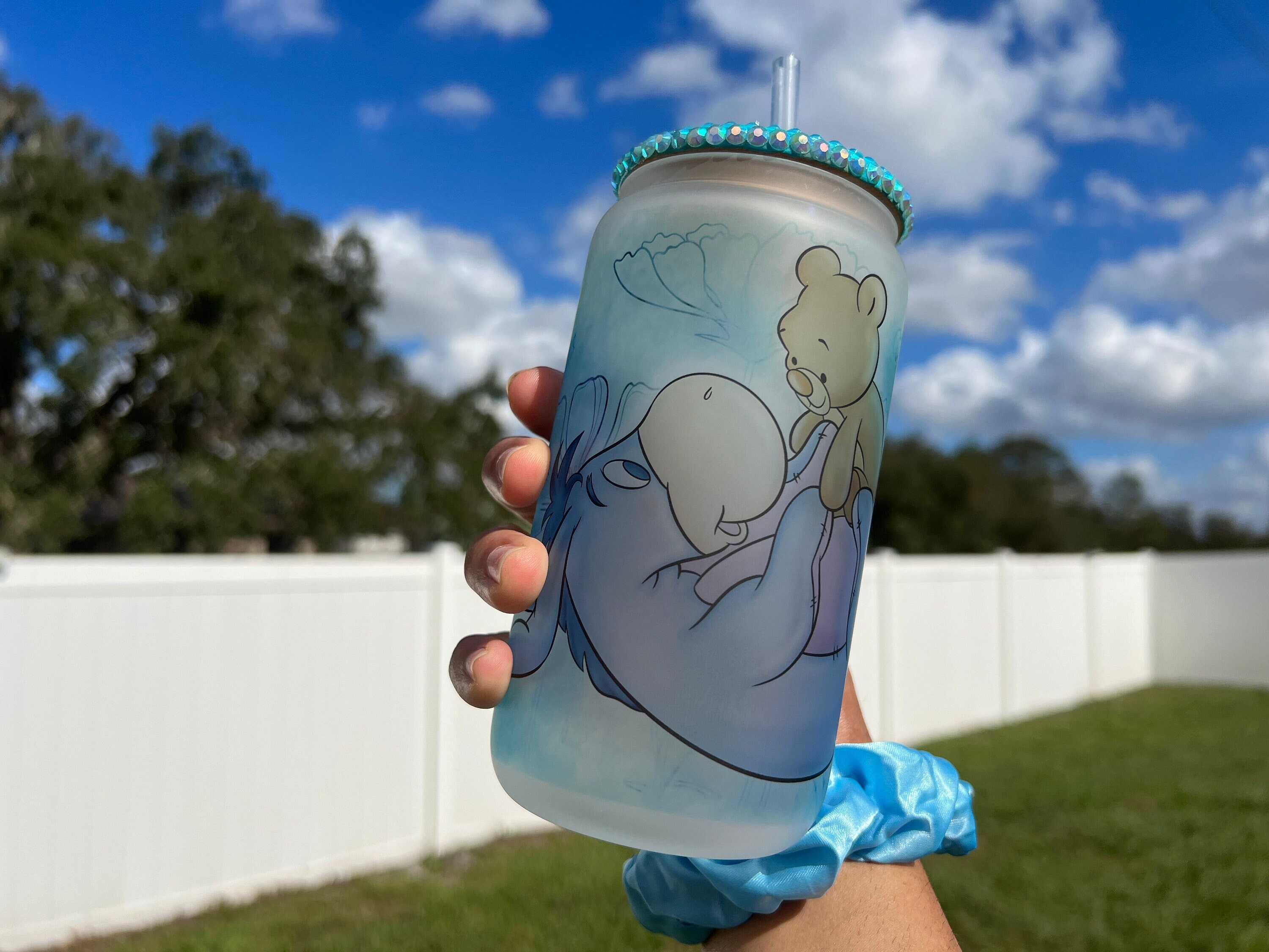 Cute Eeyore Frosted Beer Can Glass Cup, Winnie the Pooh Friends Cups, Disney inspired Cups, Cute Glass Cups, Rhinestone Lids, Valentines Day