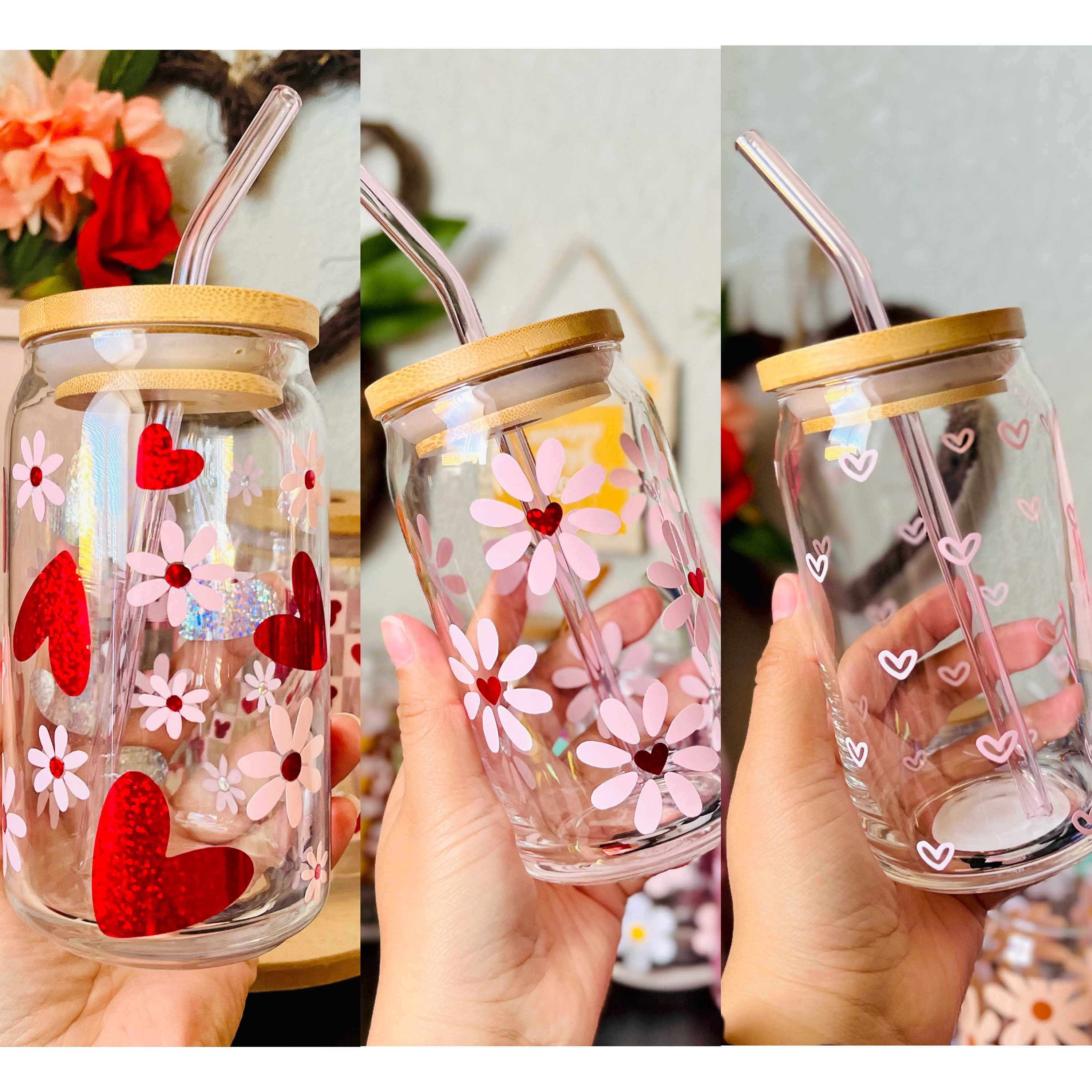 Daisies Mini Hearts 16 oz Beer Can Glass | Valentines Day | Vday Cup | Self Love | Iced Coffee | Smoothie Glass | xoxo Boho | Floral Daisy