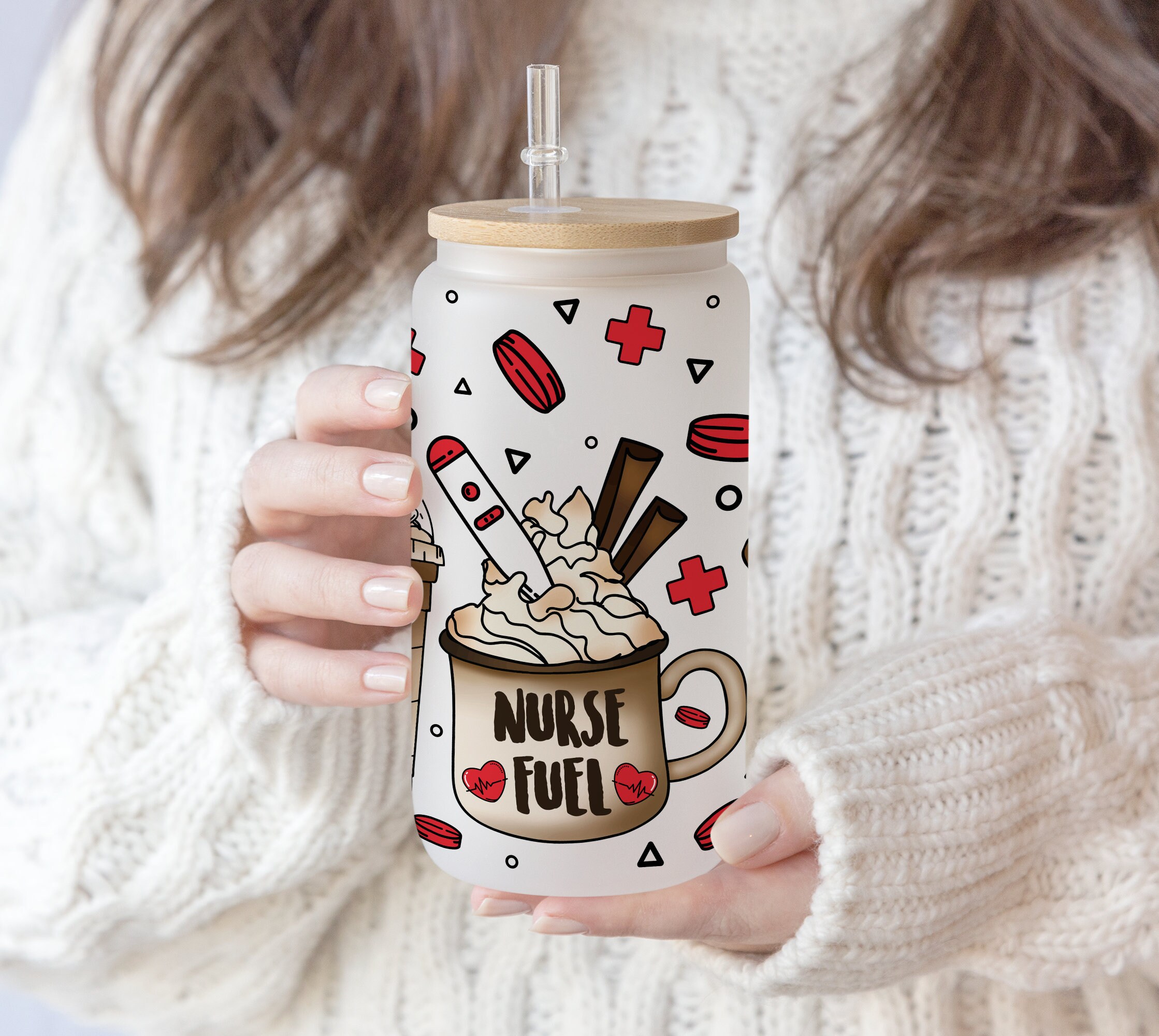 2 files 16 oz Libbey Beer Glass Can Tumbler Hand Draw Sublimation Nurse coffee lover latte iced coffee hospital Gift for nurse pen wrap png