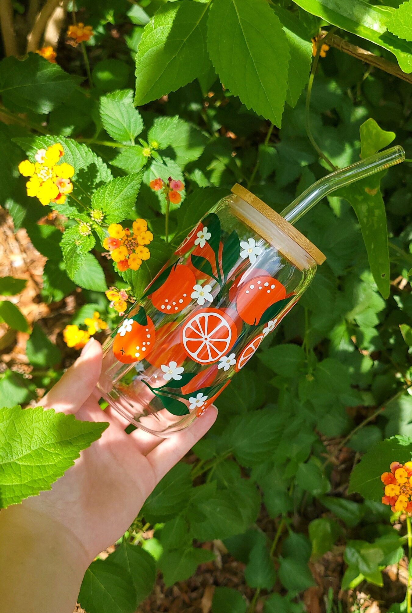 Orange Iced Coffee Glass Cup With Lid And Straw Summer Flowers Can Glass Coffee Tumbler Summer Gift For Her Iced Coffee Lover Gift Plant Mom