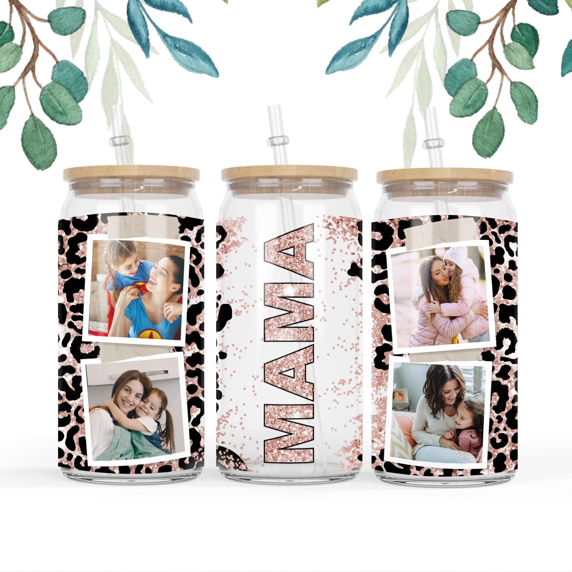 16 oz Libbey Glass Can Frame Photo Polaroid  Leopard Glitter Print Sublimation  png file Sunflower Gift for mom ,Gitf idea Mother’s Day PNG