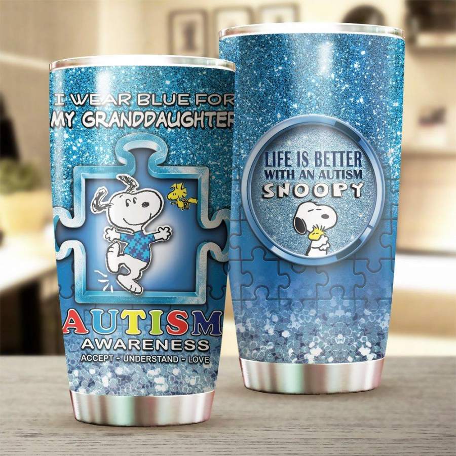 Snoopy I Wear Blue For My Granddaughter Stainless Steel Tumbler Mug 20 Oz Gift For Autism Awareness