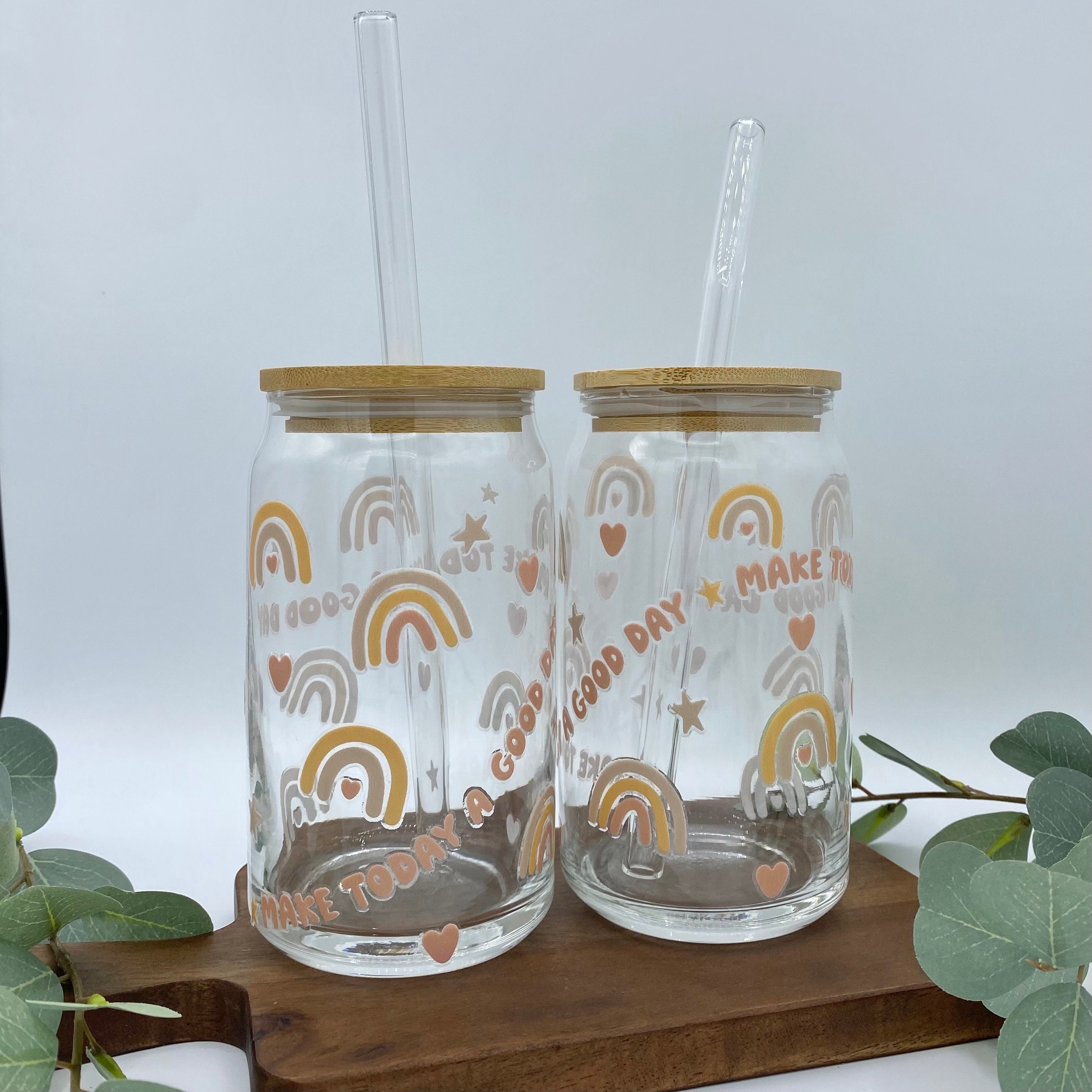 Make Today A Good Day Iced Coffee Cup 16oz Glass Soda Can Cup w/ Bamboo Top & Glass Straw Glass Beer Can Cup Glass Libby Cup