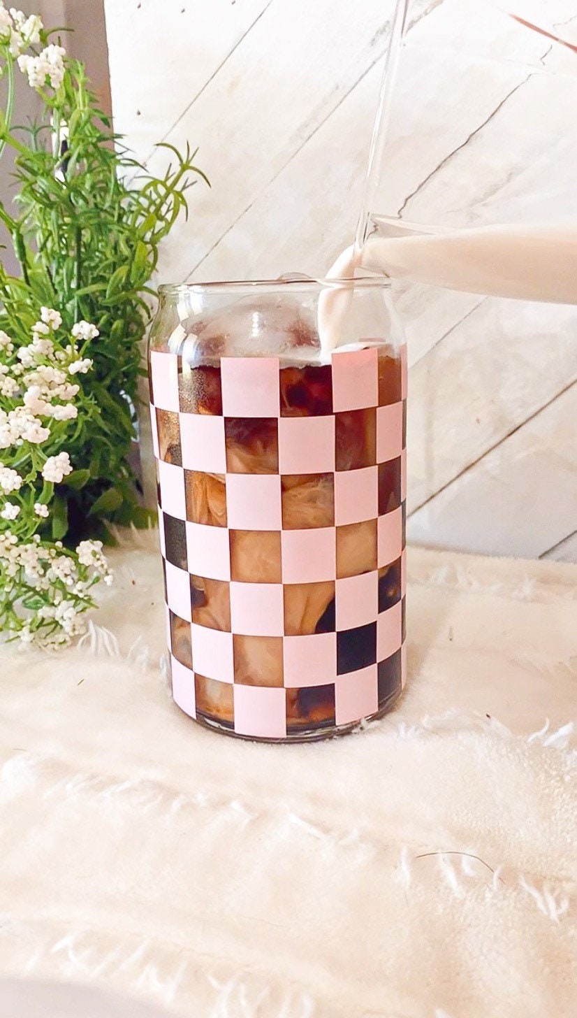 Retro Checkered Can Coffee Glass | Boho Shaped Mug 16 oz Cup | Checker Squares Coffee Lover | Aesthetic Cute Disco Spring Best Friend Gift