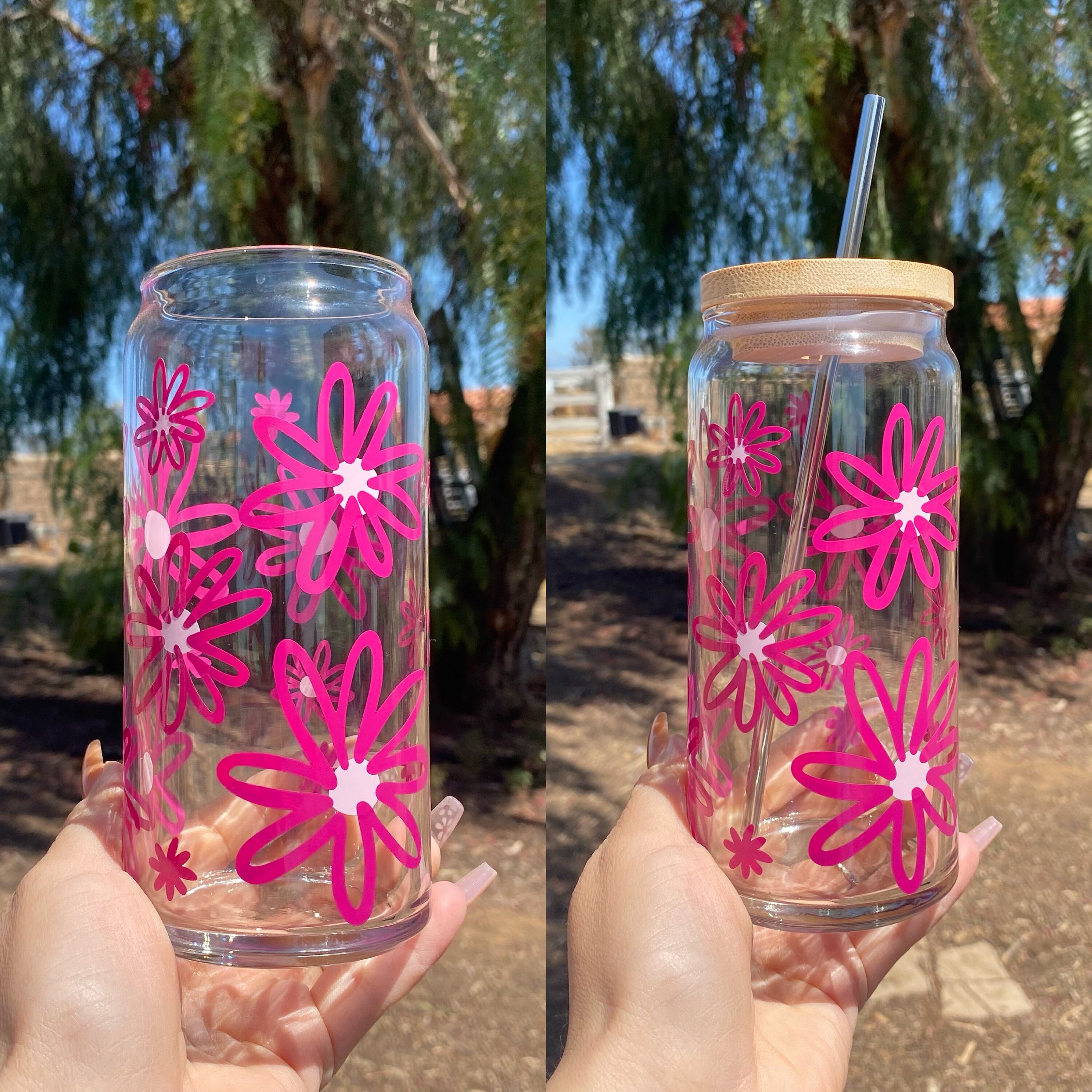 Daisy Beer Glass Can, Flower Cups, Spring Flowers, Floral Cups, Daisy Decor, Daisy Flowers Cup,Daisies Cup Wrap, Beer Glass Can, pink flower