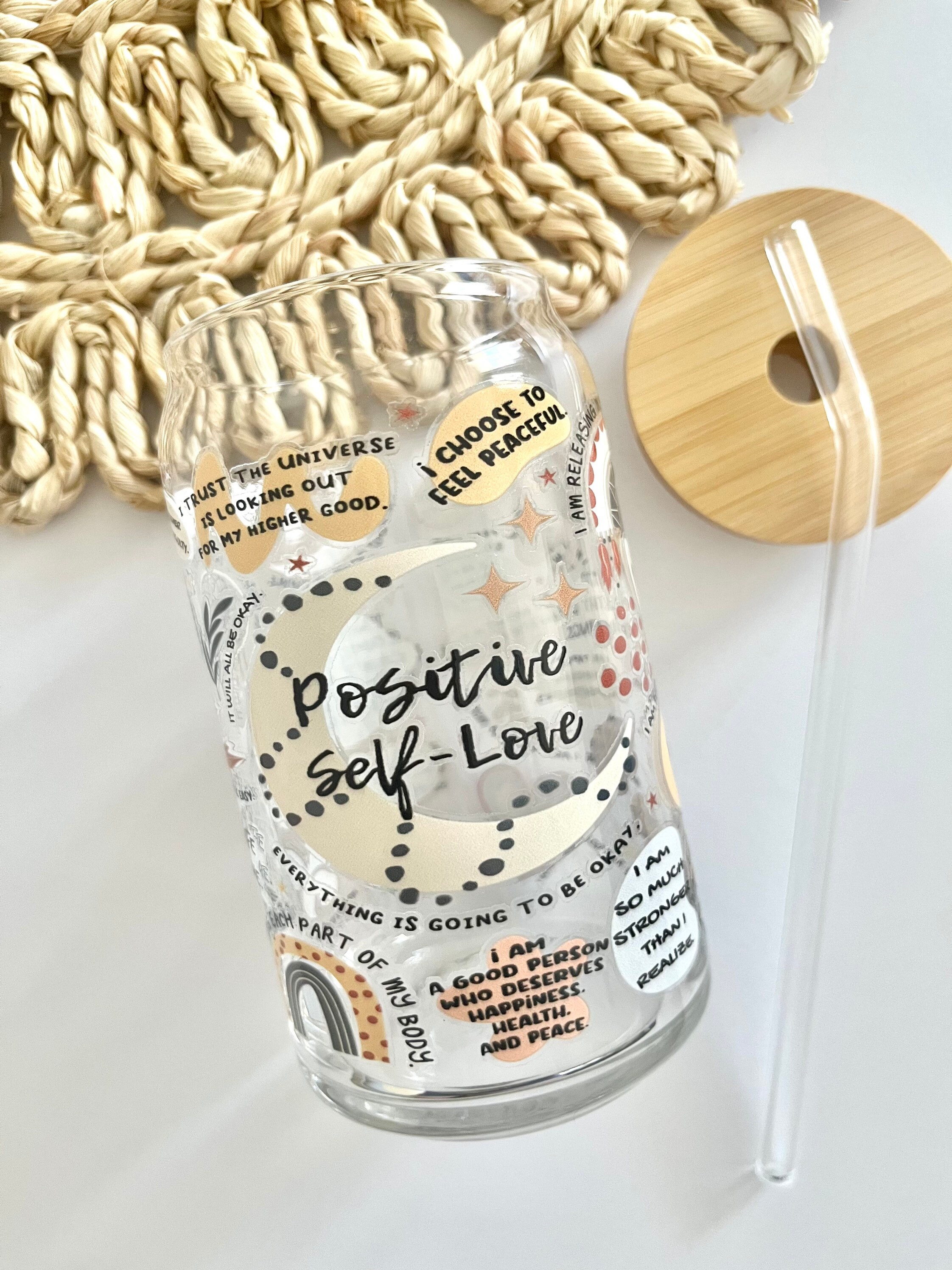 Positive Self Love Reminders Glass Cup / Motivational Quotes Cup / Flowers Glass Cup / Gifts for Her / Cute Glass Cup / Iced Coffee Cup