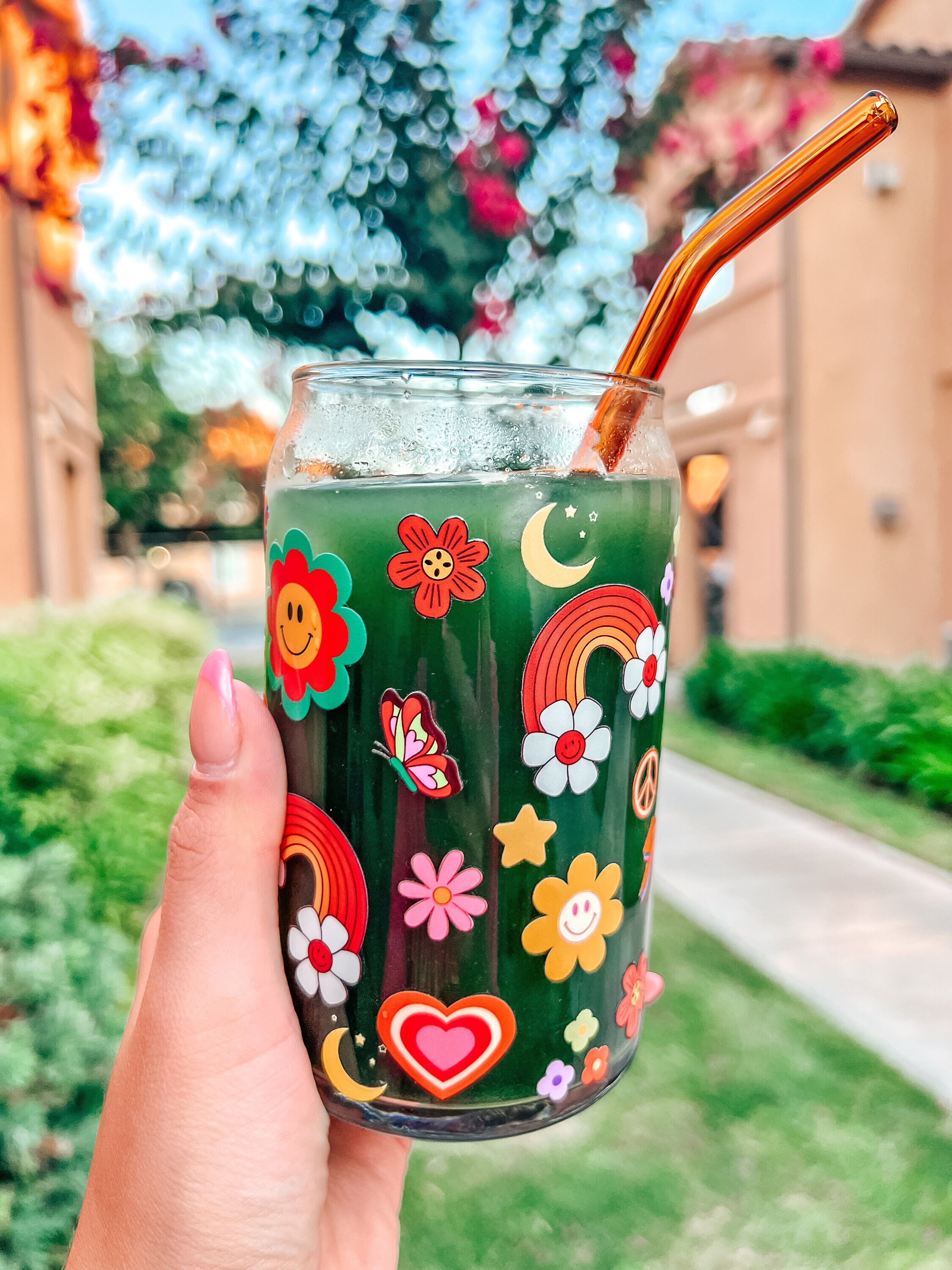 Groovy Glass Can | Aesthetic Iced Coffee Cup | Retro Flowers and Rainbows Glass Cup | Trendy Glasses