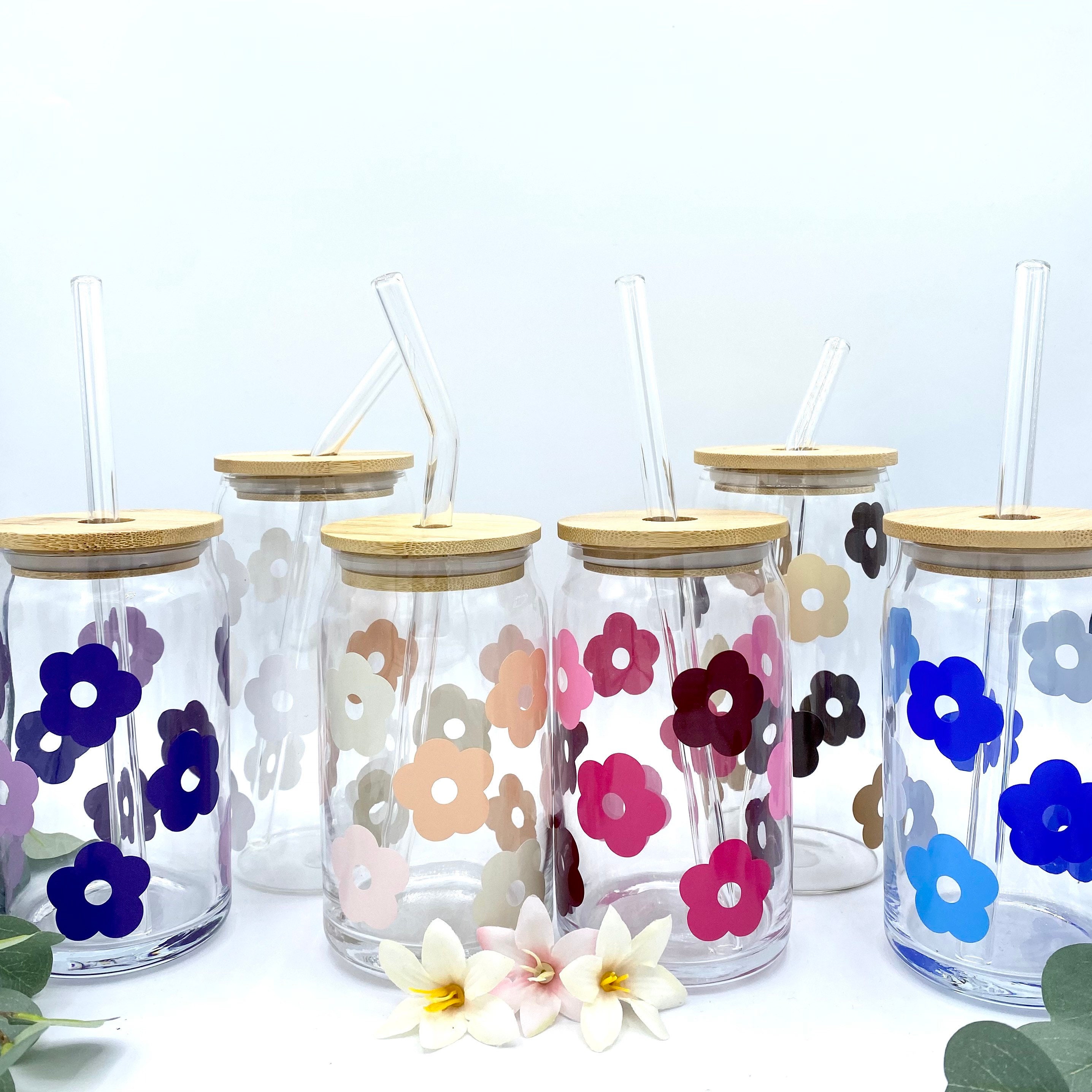 Boho Flowers Retro Flowers 16oz Glass Soda Can Reusable Cup with Bamboo Top and Glass Straw Glass Beer Can Cup Iced Coffee Cup Gift for Her