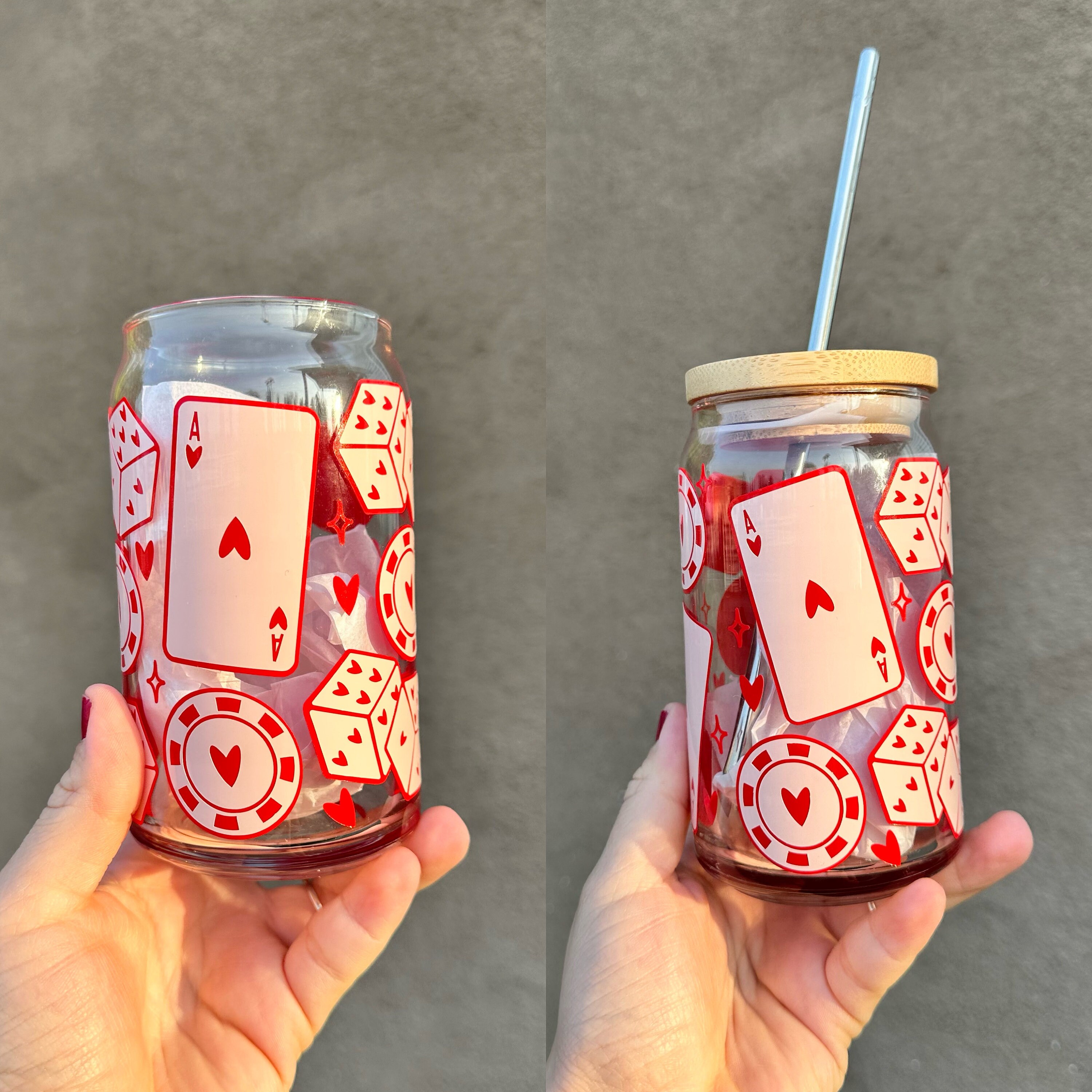 Valentine Ace Glass Cups, Valentines Day Decor, Pink Valentine, Valentine Heart, Glass Can, Poker Valentine Day Cups, Dice Decor, Ace Decor