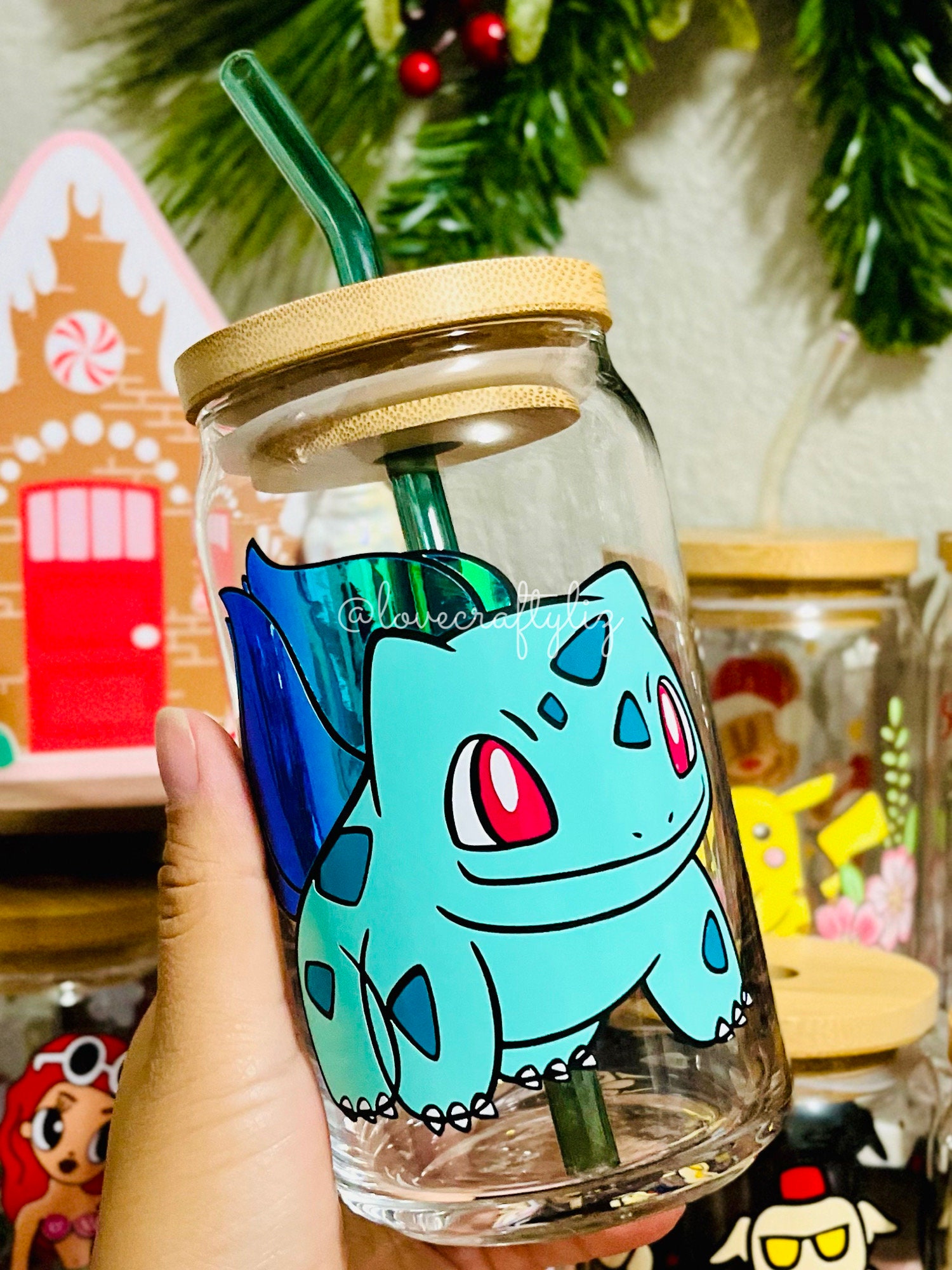 Poke Bulbasaur 16oz Beer Can Glass | Spring Cup | Iced Coffee | Squirtle | Gift | Xmas | Floral | Eeveelutions | POGO| Eevee Pikachu PKMN