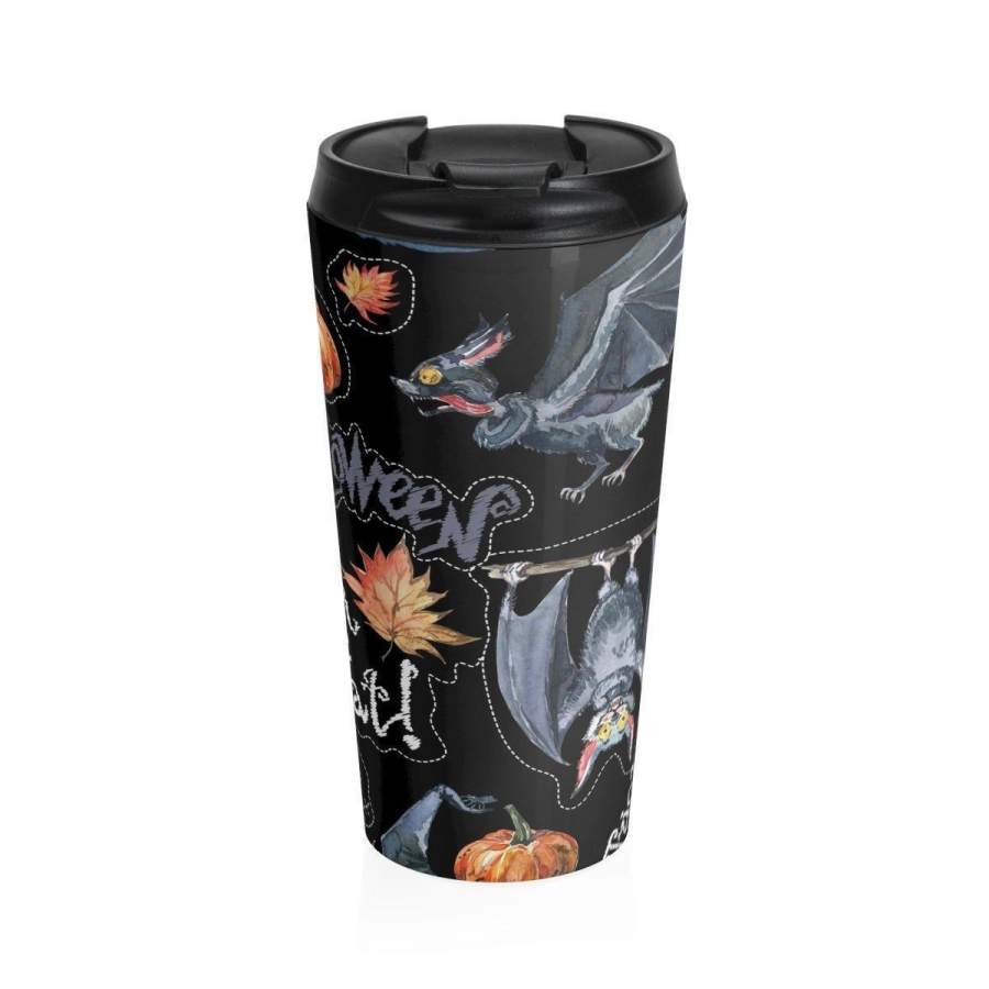 Stainless Steel Travel Mug, Halloween Bat Pumpkin Holiday Travel Mug, All Over Print Steel Mug, 15 Ounce Tumbler, 15oz Coffee Tea Drinkware