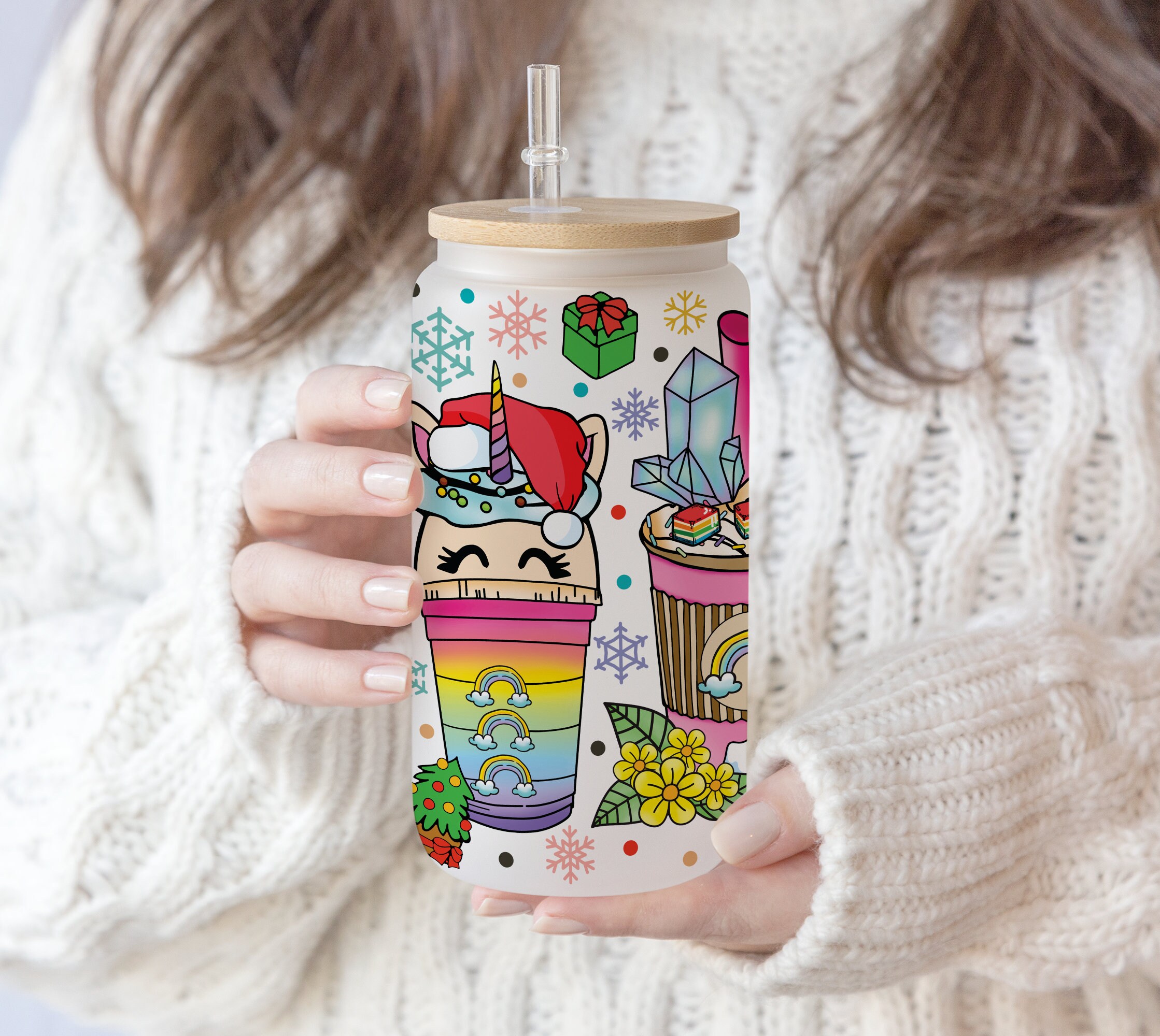 2 Files 16 oz Libbey Beer Glass Can Hand drawn Colorful Christmas Unicorn drinks Coffee latte iced Coffee rainbow,Unicorn lover pen wrap PNG