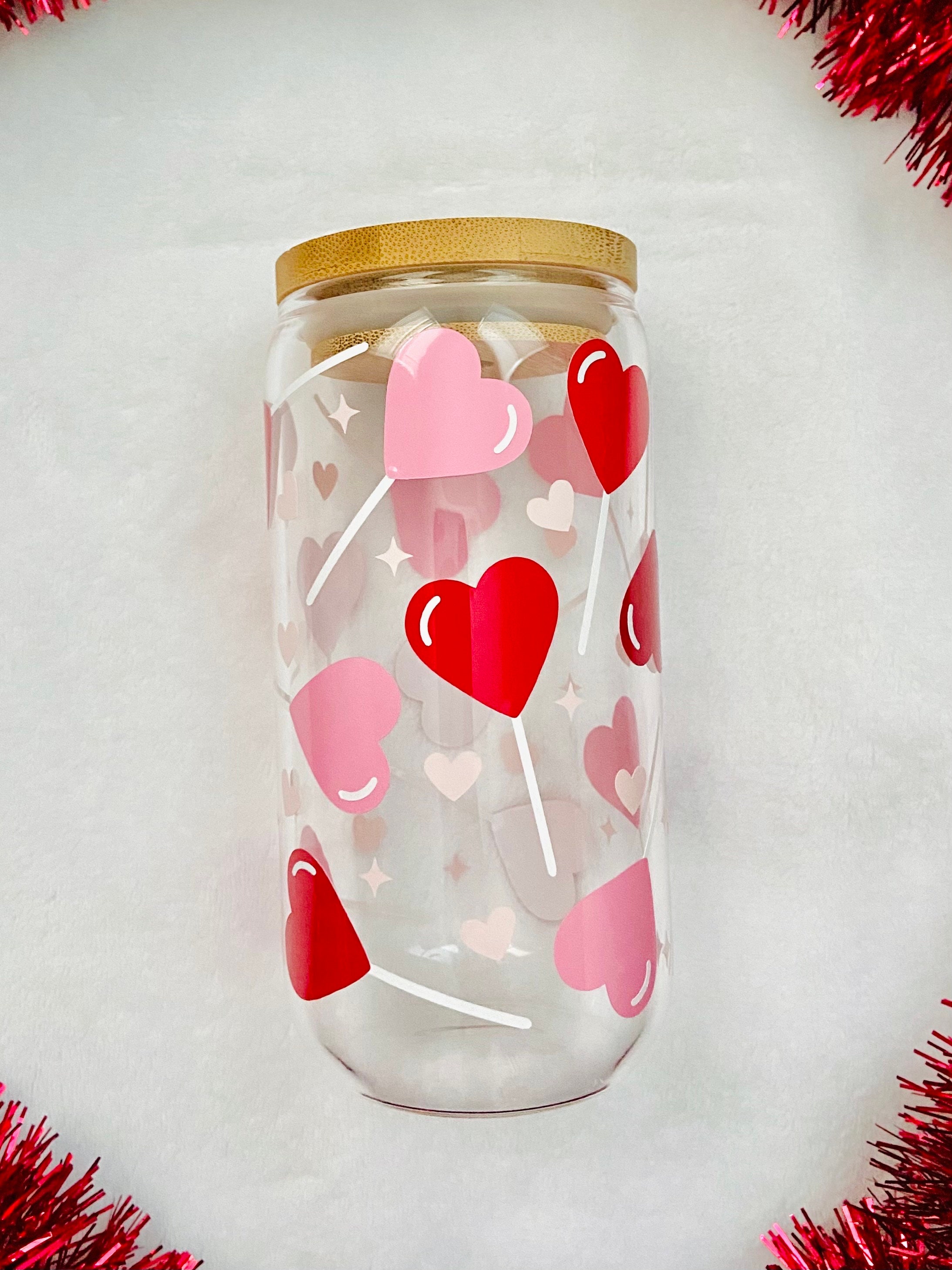 Lollipop hearts glass cup | 16 oz libbey glass can | valentines cup | Valentines Day gifts | gifts for her | galentines gifts | hearts cup