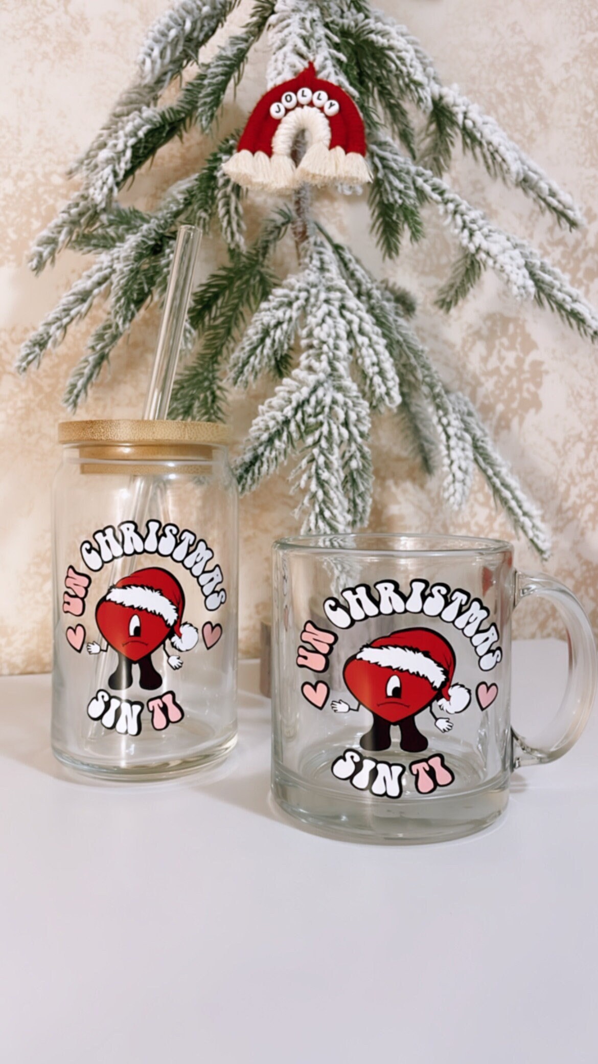 Bad Bunny themed christmas beer can glass, clear mug, Un christmas sin ti, Un verano sin ti