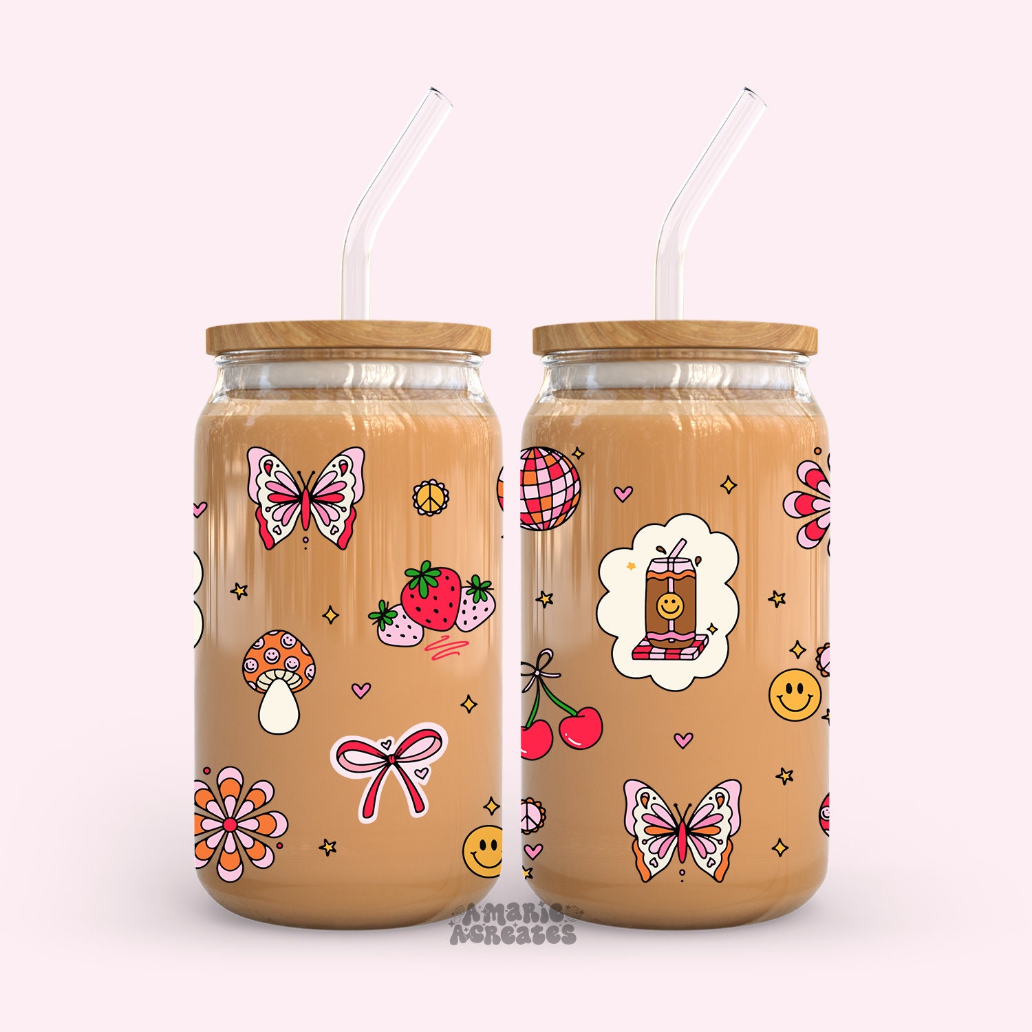 Retro Doodles Glass Cup, Trendy Glass Cup, Girls Era, Girly Girl Era