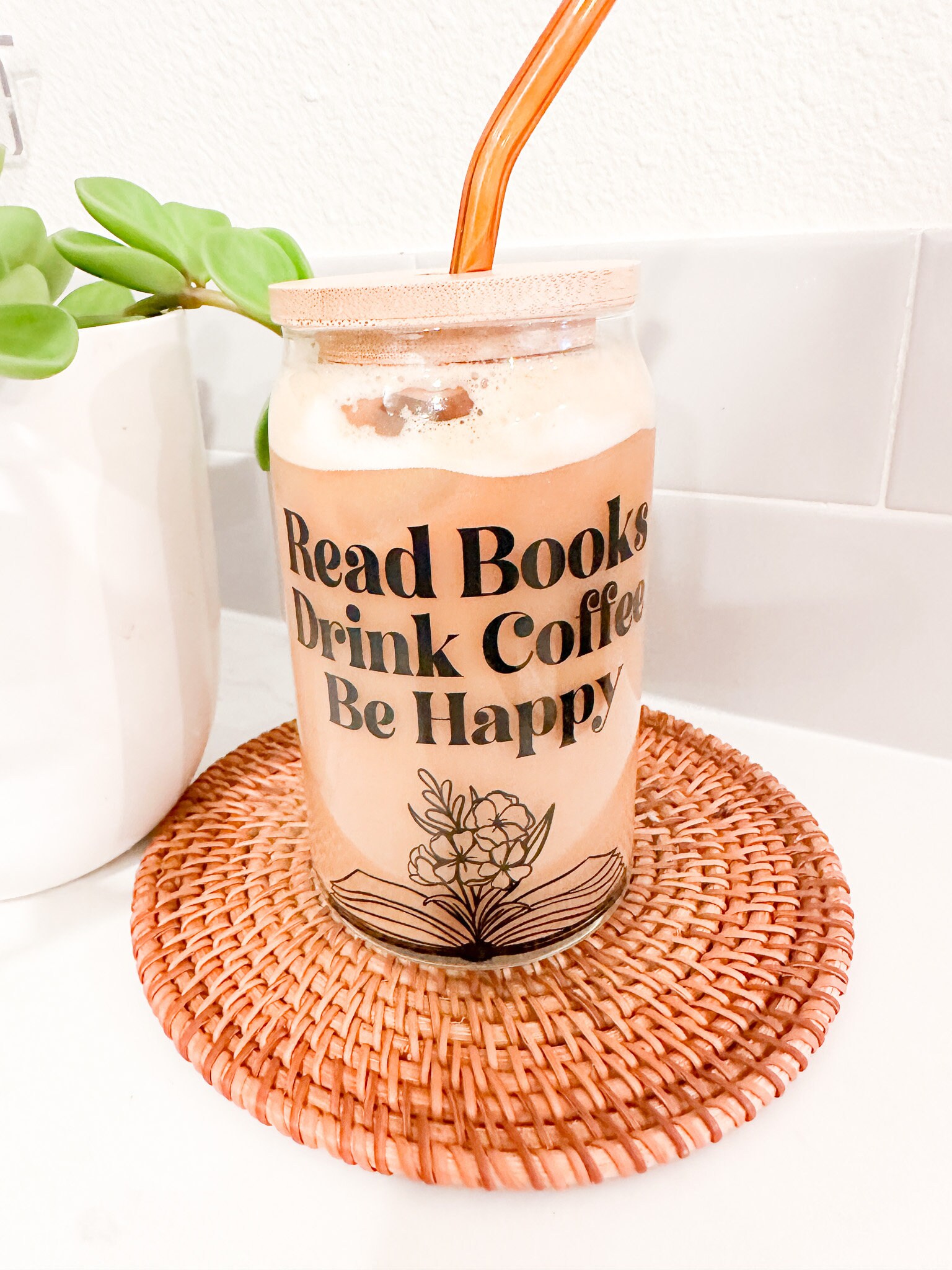 Read Books, Drink Coffee, Be Happy Cup, 16 oz Can Glass, Flower Book Can Glass, Book Addict, Iced Coffee, Personalized Gift, Floral Design