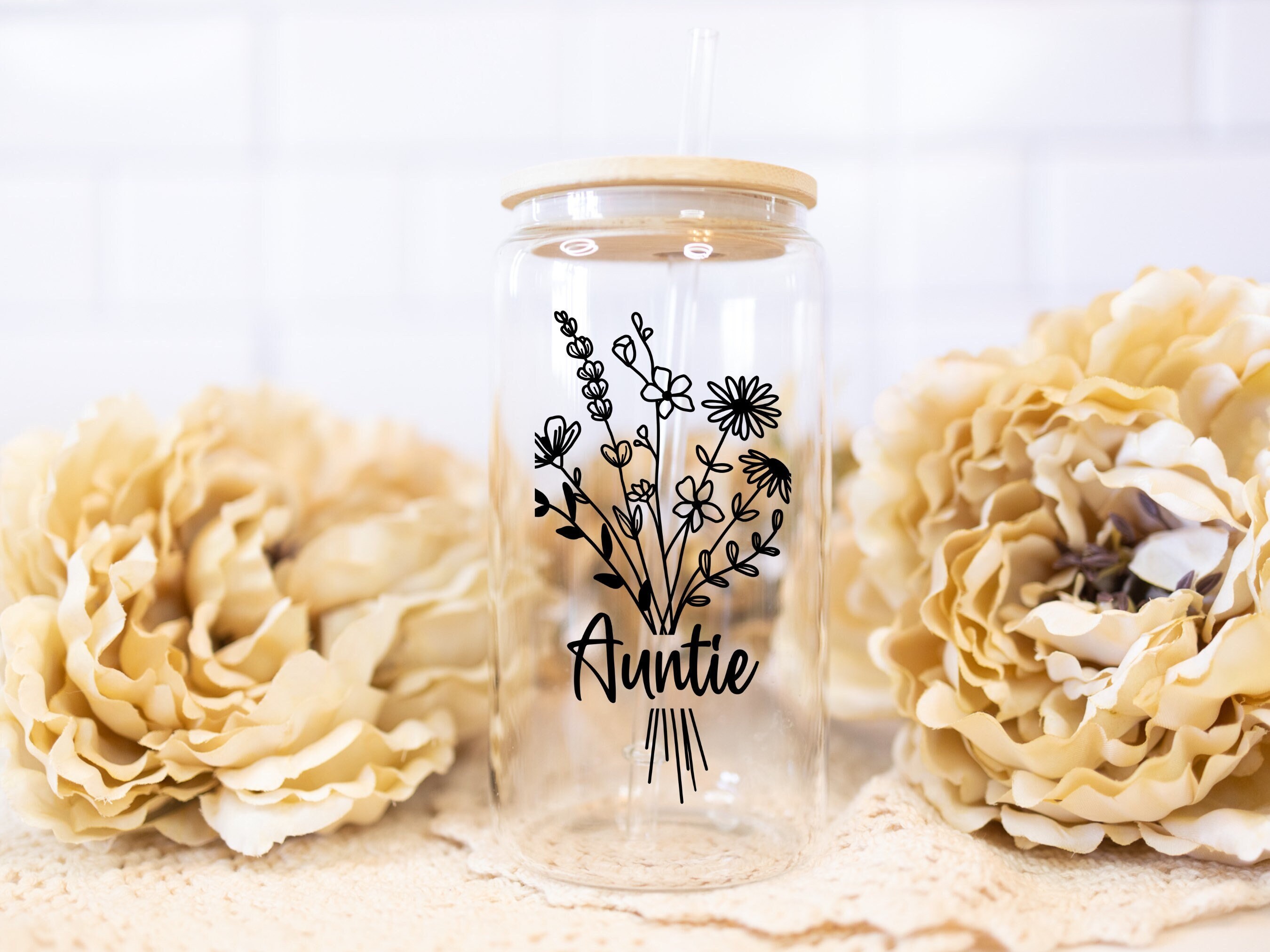 Personalized Name Flower Bouquet Beer Can Glass, Custom Glass, Custom Cup, Iced Coffee Glass, Aesthetic Glass Cup, Boho Coffee Cup