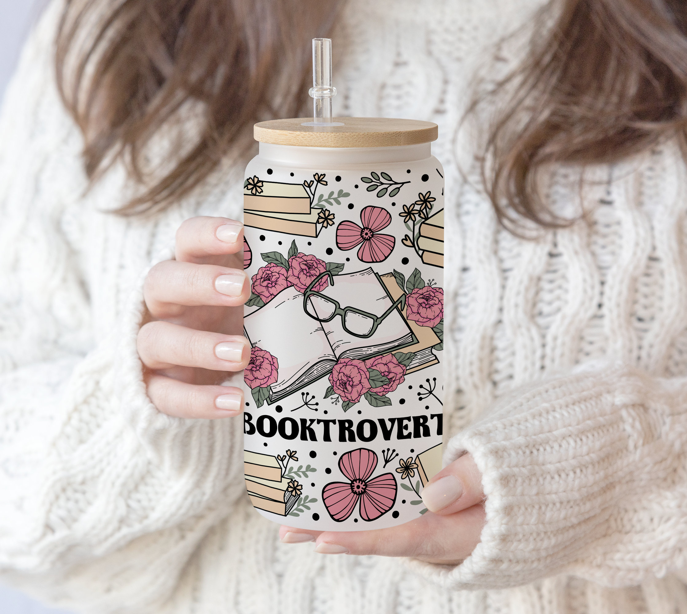 16 oz Libbey Beer Glass Can Boho Booktrovert Reading Lover | Funny Book Lover Floral Book | Reader Book Quotes Bookworm Booktrovert