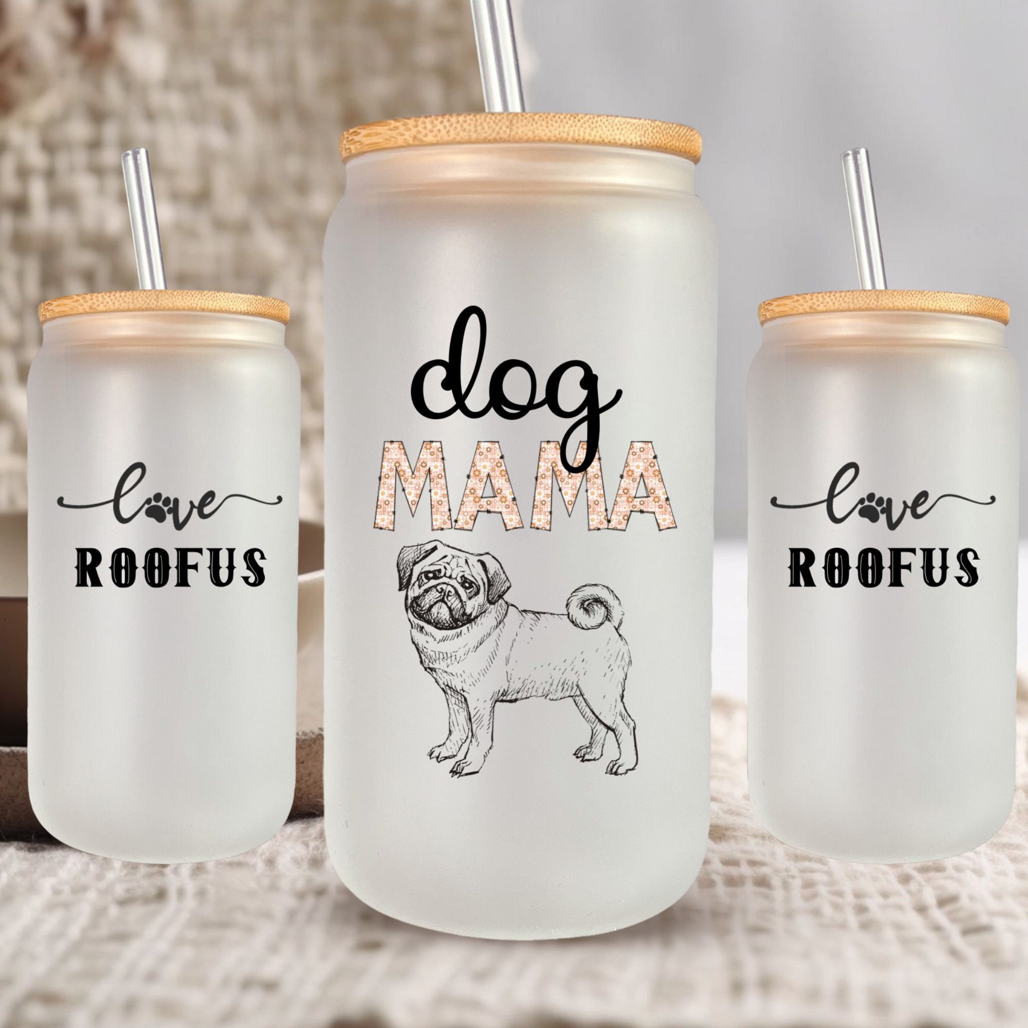 Personalized Dog Mama Glass Tumbler with Dog Breed and Dog Name, 16oz 20oz Frosted or 16oz Clear Glass Iced Coffee Cup With Lid and Straw