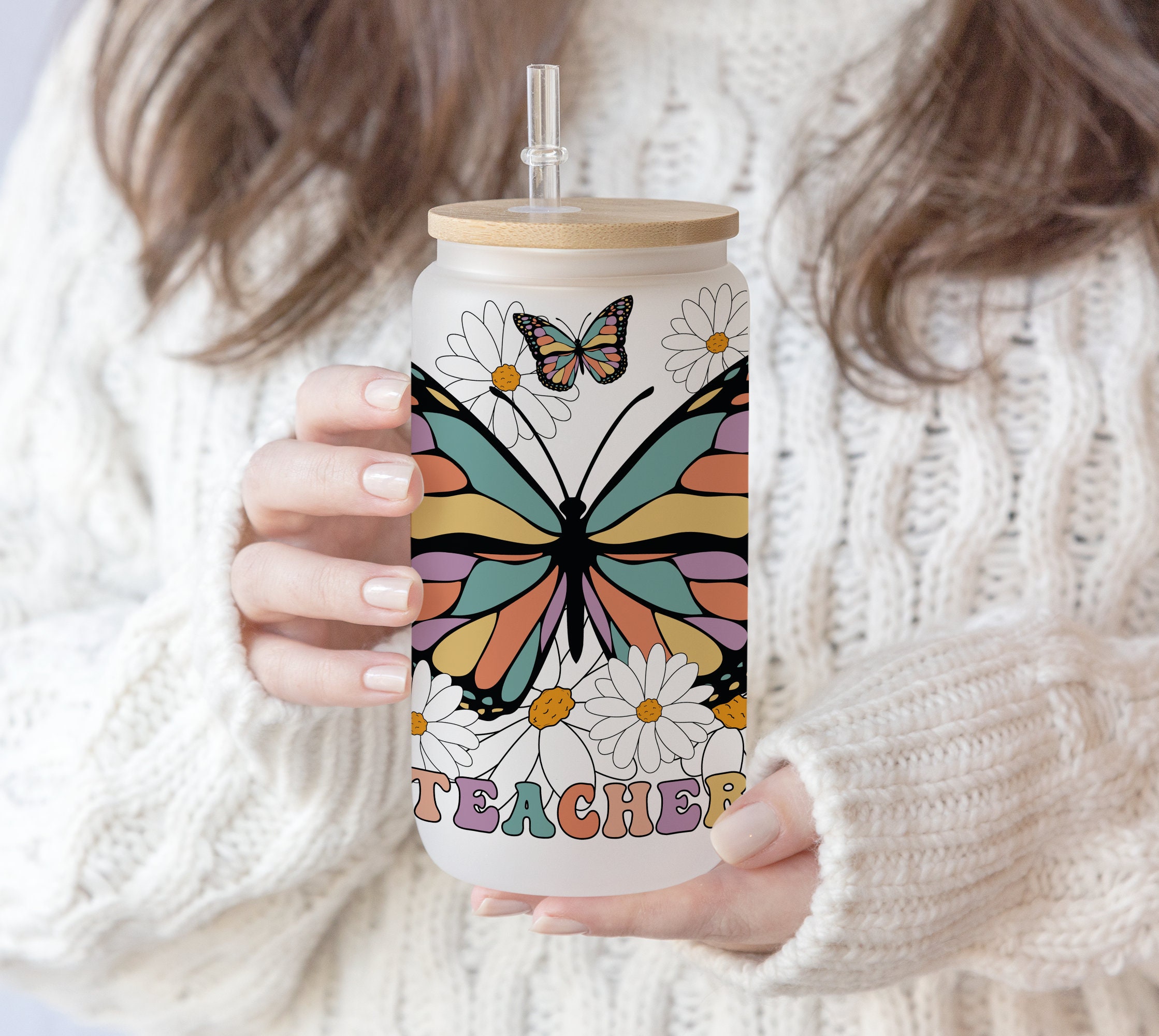 16 oz Libbey Glass Can Tumbler Sublimation Retro Groovy Teacher Butterfly Daisy Flower gifts for Teacher,Gift for mom, Mother’s day PNG file