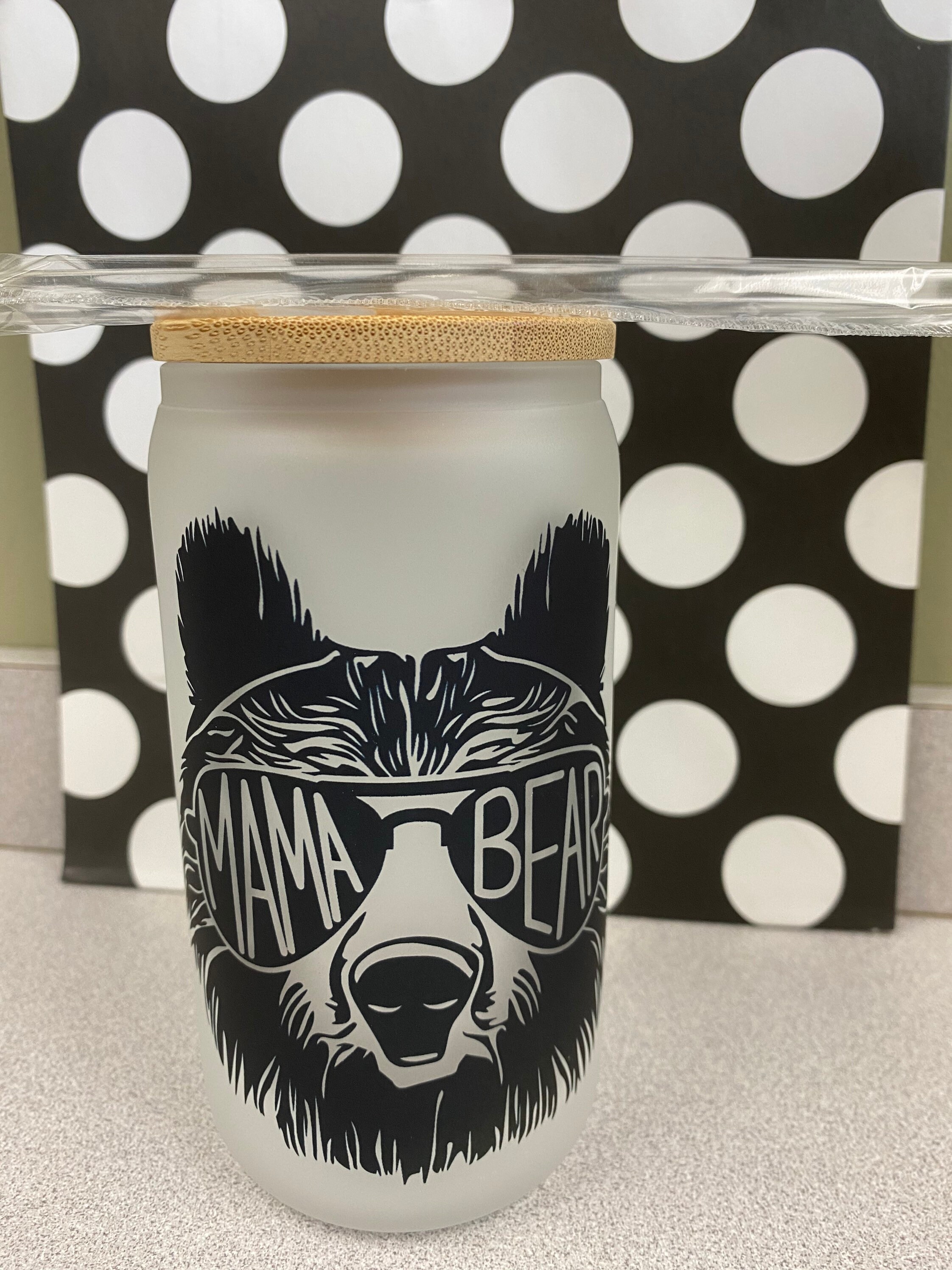 Mama bear- frosted can shaped glass with lid and straw