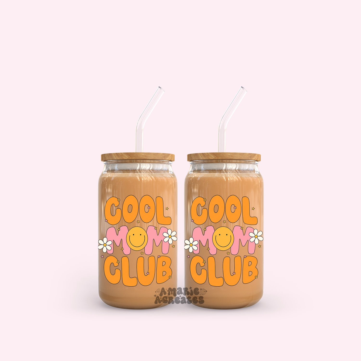 Cool Moms Club Glass Cup, Trendy Glass Cup, Groovy Glass Cup, Happy Face Glass Cup