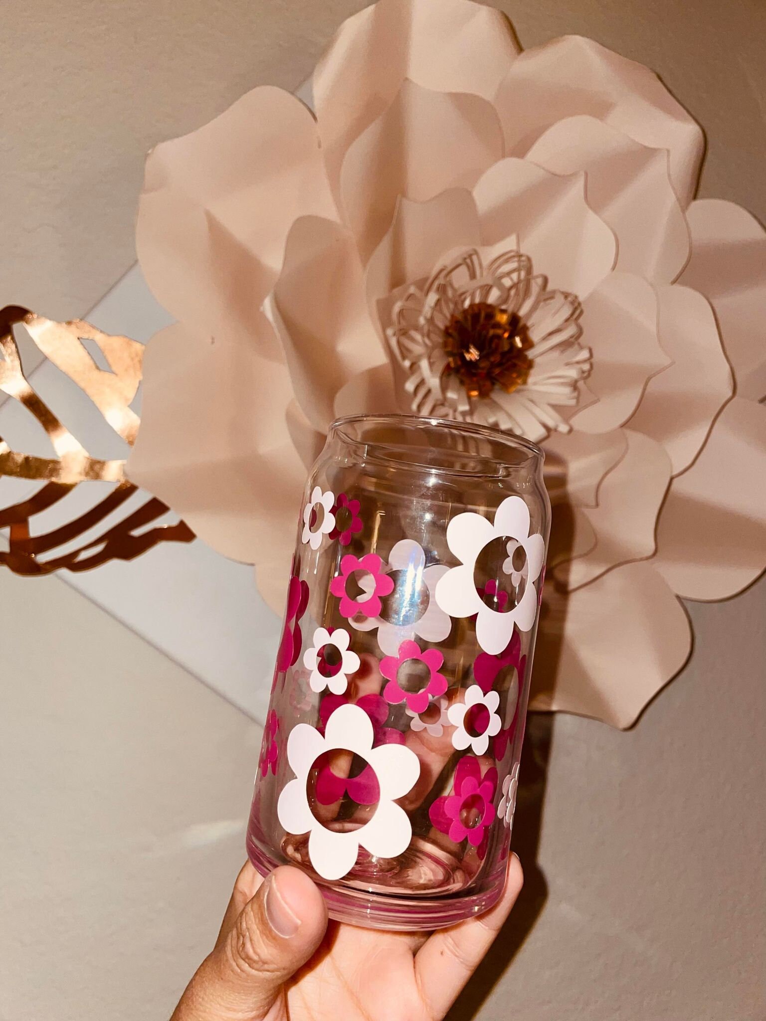 Boho Flowers Beer Can Glass |Retro Flower Beer Can Glass |Aesthetic Coffee Glass| 20 oz Coffee Glass | Iced Coffee Glass | Boho Coffee Glass