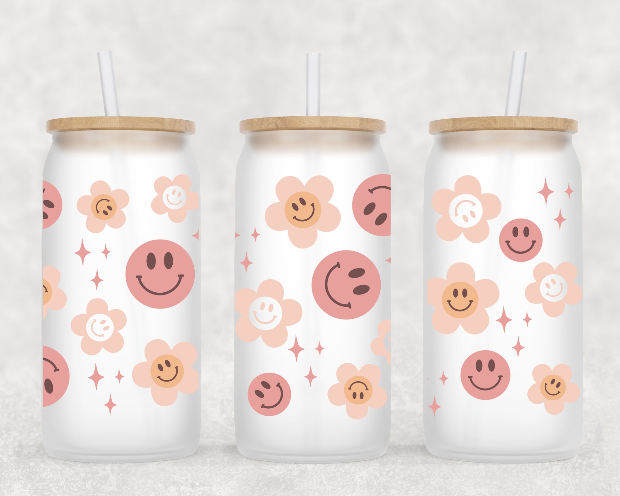 Happy Face Retro Beer Can Glass | Smile Retro Mug | Daisy Peace Mug | 16oz Libbey Glass | Coffee Glass | Happy Face Mug | Iced Coffee