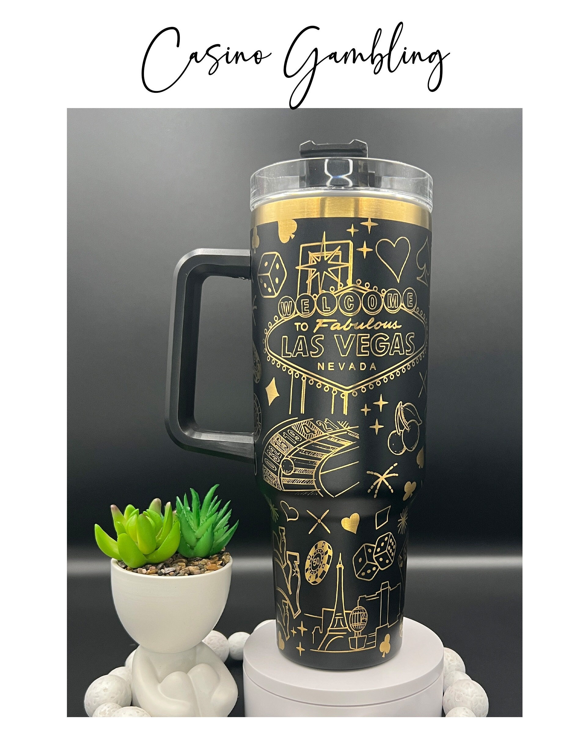 Casino Gambling Laser Engraved 40oz Black & Gold Seamless Non Branded Tumbler with Handle Lid and Straw, Double Wall Insulated