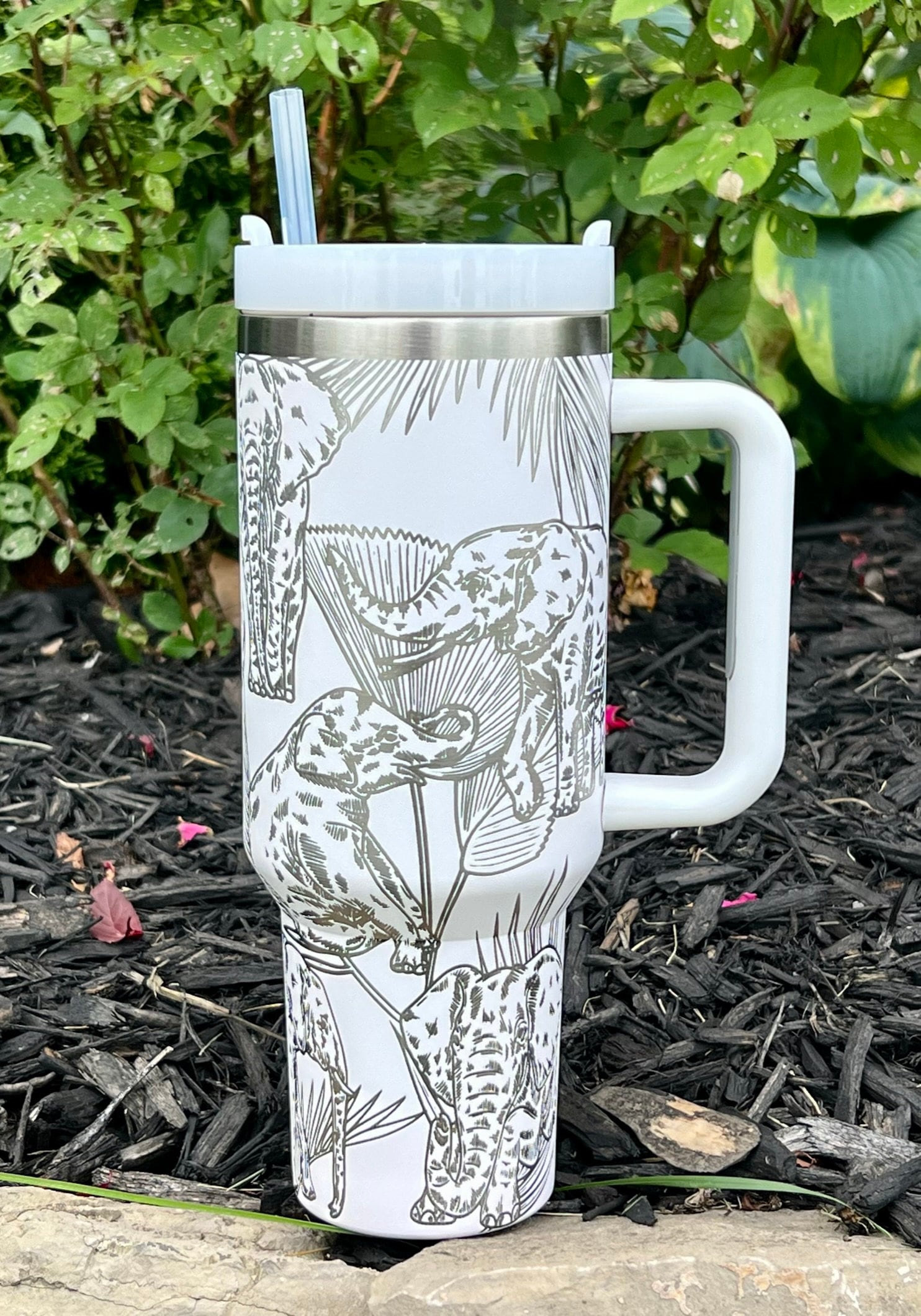 Elephants Laser Engraved 40oz Tumbler with Handle Lid and Straw, Custom Engraved Seamless Tumbler, Double Wall Insulated Cup