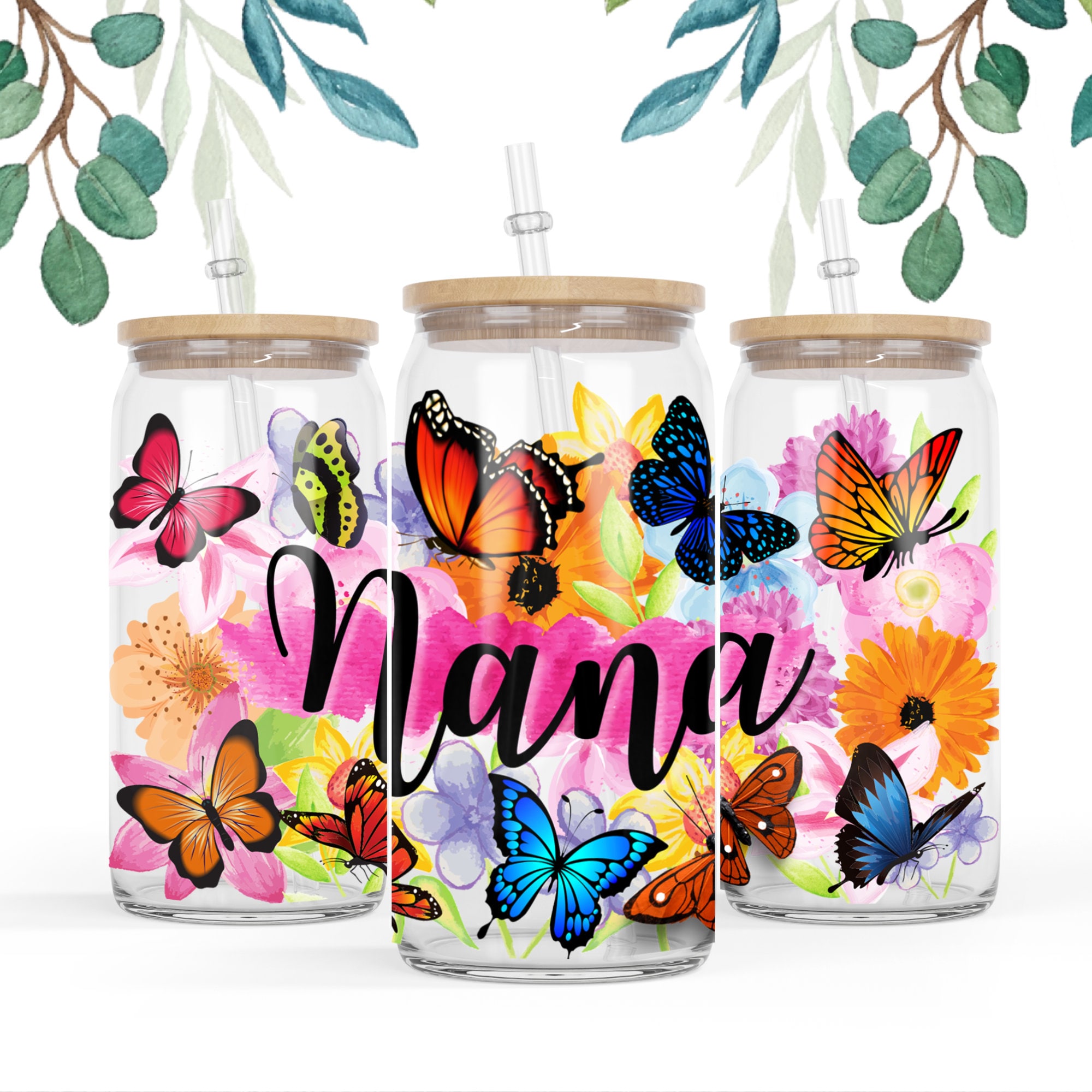 16 oz Libbey Glass Can Tumbler Sublimation Design Nana Butterfly Sunflower gift for Nana Floral Tumbler Wrap butterflies png, Mother day